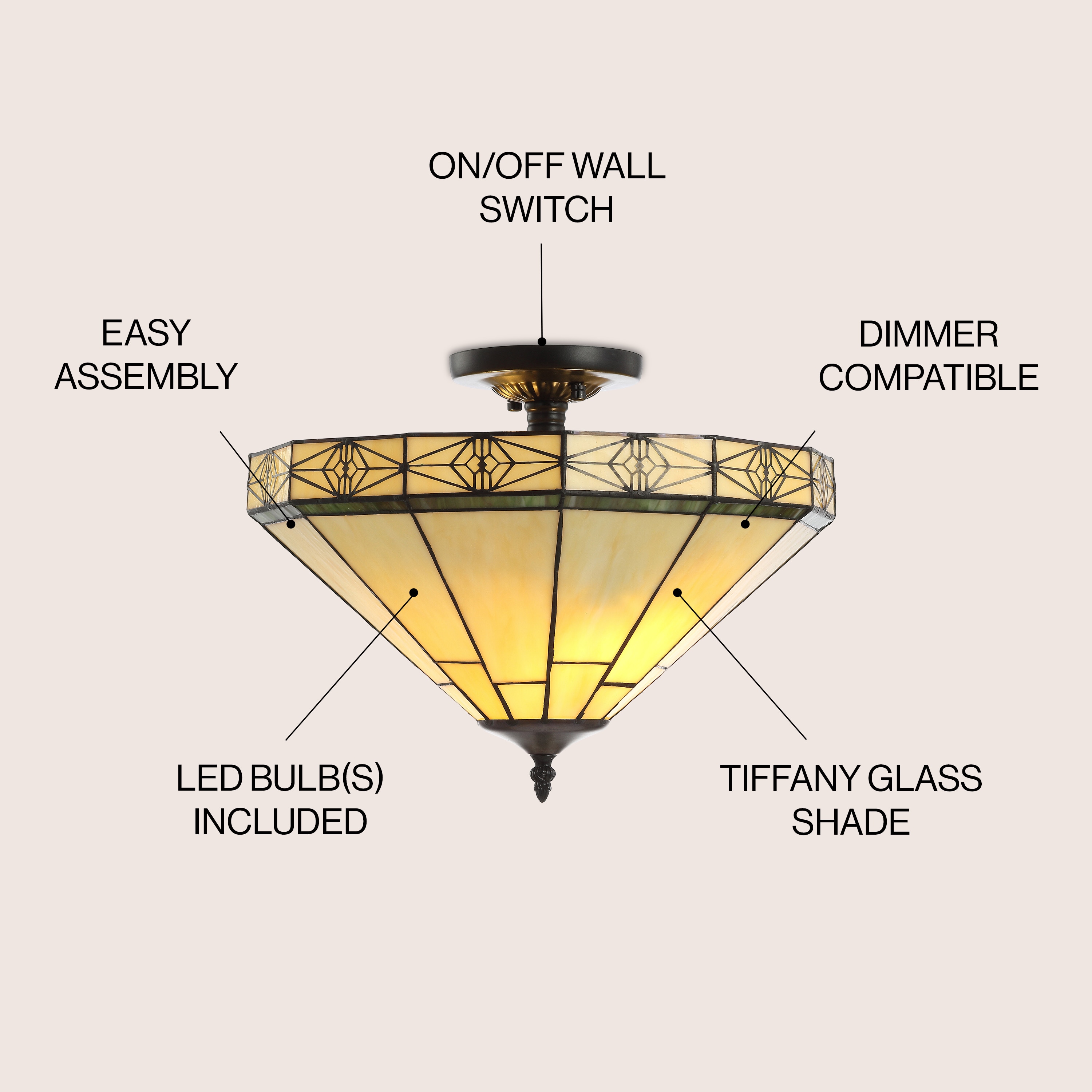 Elegant Tiffany-Style 16" Cream Glass LED Ceiling Light