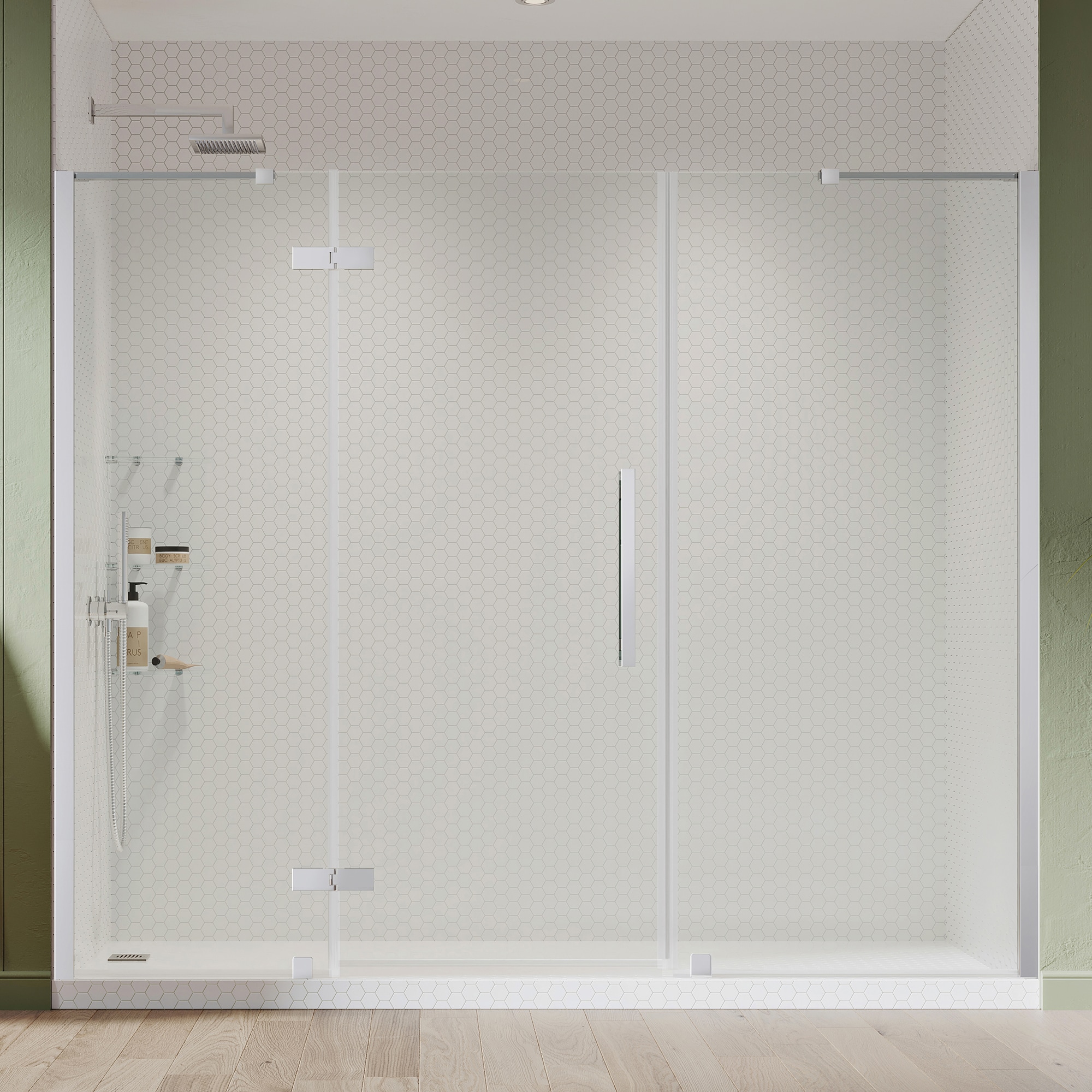 OVE Decors 828796064248 Tampa Polished chrome 79-in to 81-3/8-in W x 72-in H Frameless Pivot Shower door 5/16-in Thick Clear Glass