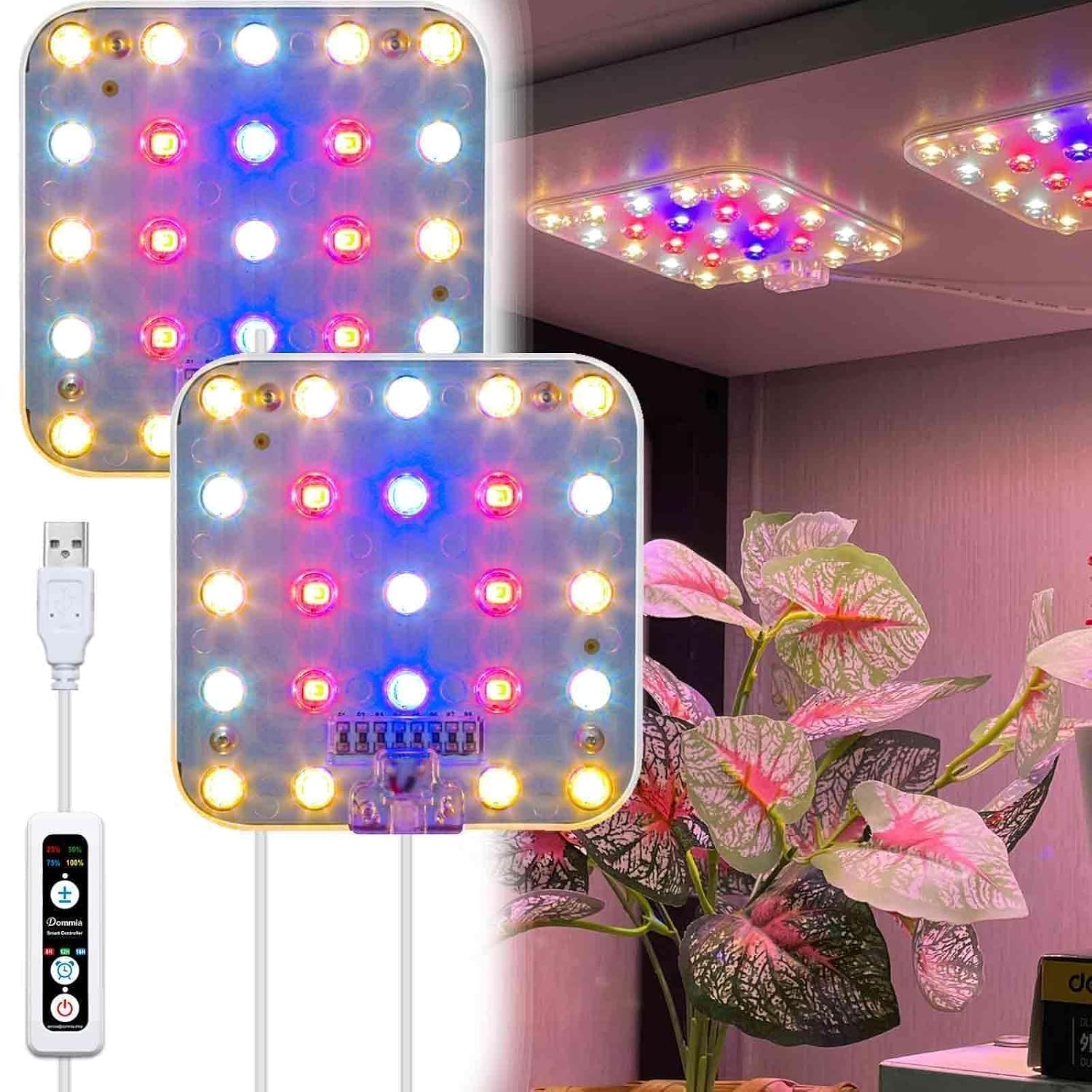 DOMMIA Full Spectrum LED Grow Light Panels 2-Pack 10W Each with Auto Timer Dimmable USB Powered for Indoor Plants Shelves and Cabinets
