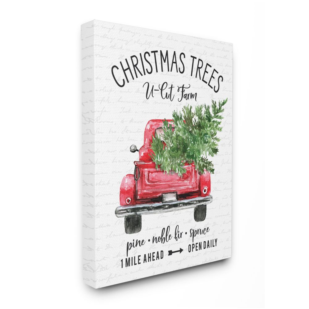 Stupell Industries AB-907-CN-16X20 Christmas Red Farm Truck with Winter Pine Lettered and Lined Gallery Wrapped Canvas 20-in H x 16-in W Novelty Canvas Print