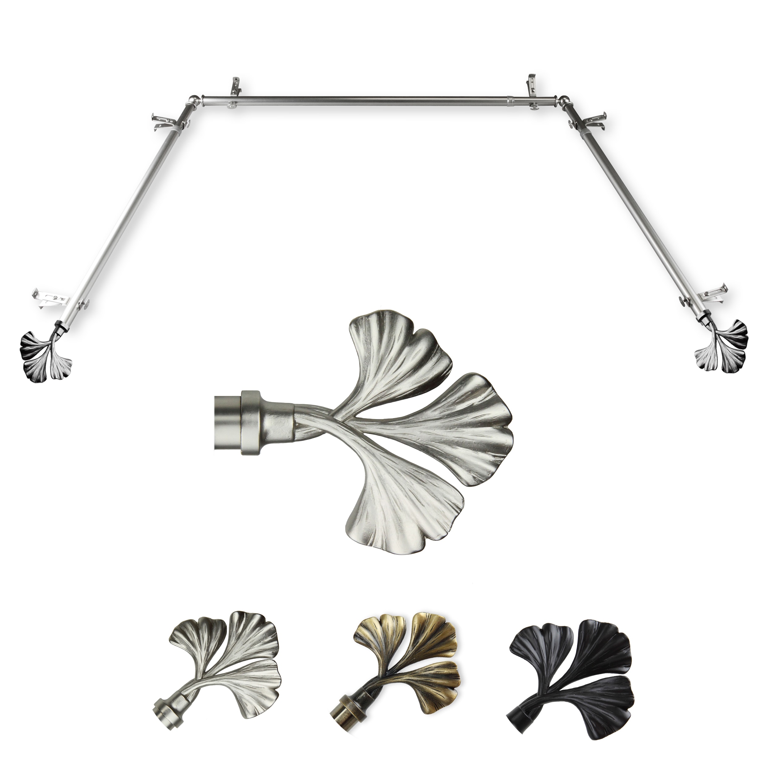 Hart & Harlow LO-ABAY-72-5 72-in to 144-in Satin Nickel Steel Bay window curtain rod with Finials