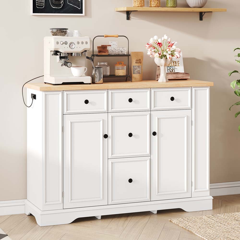 SereneVita 51.2 inch Kitchen Sideboard Buffet Cabinet with Storage Mid Century Modern Accent Cabinet with 5 Drawers and Adjustable Shelves Coffee Bar Cabinet for Living Room White