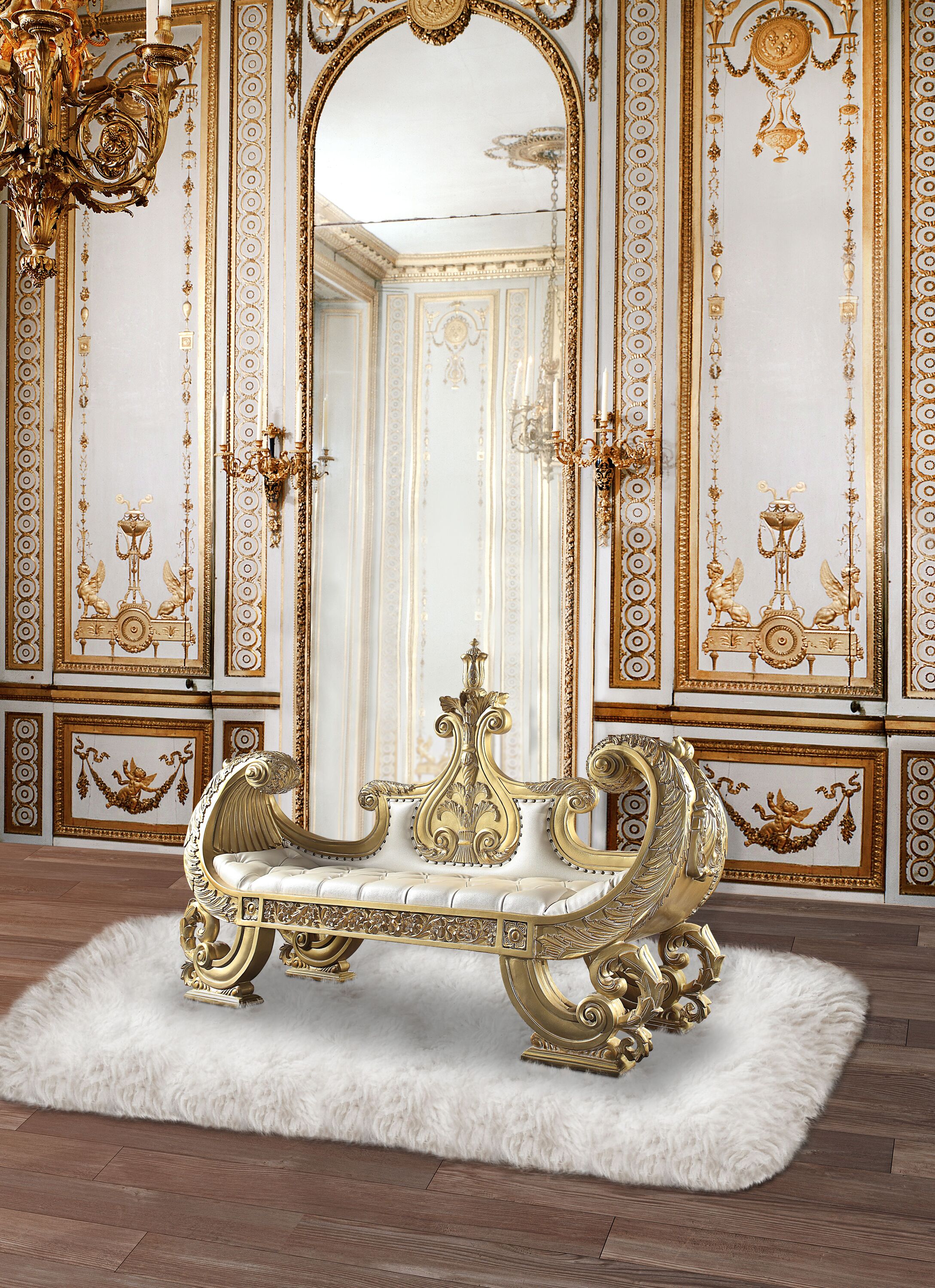 Bernadette White and Gold Synthetic Leather Bench with Intricate Scrollwork