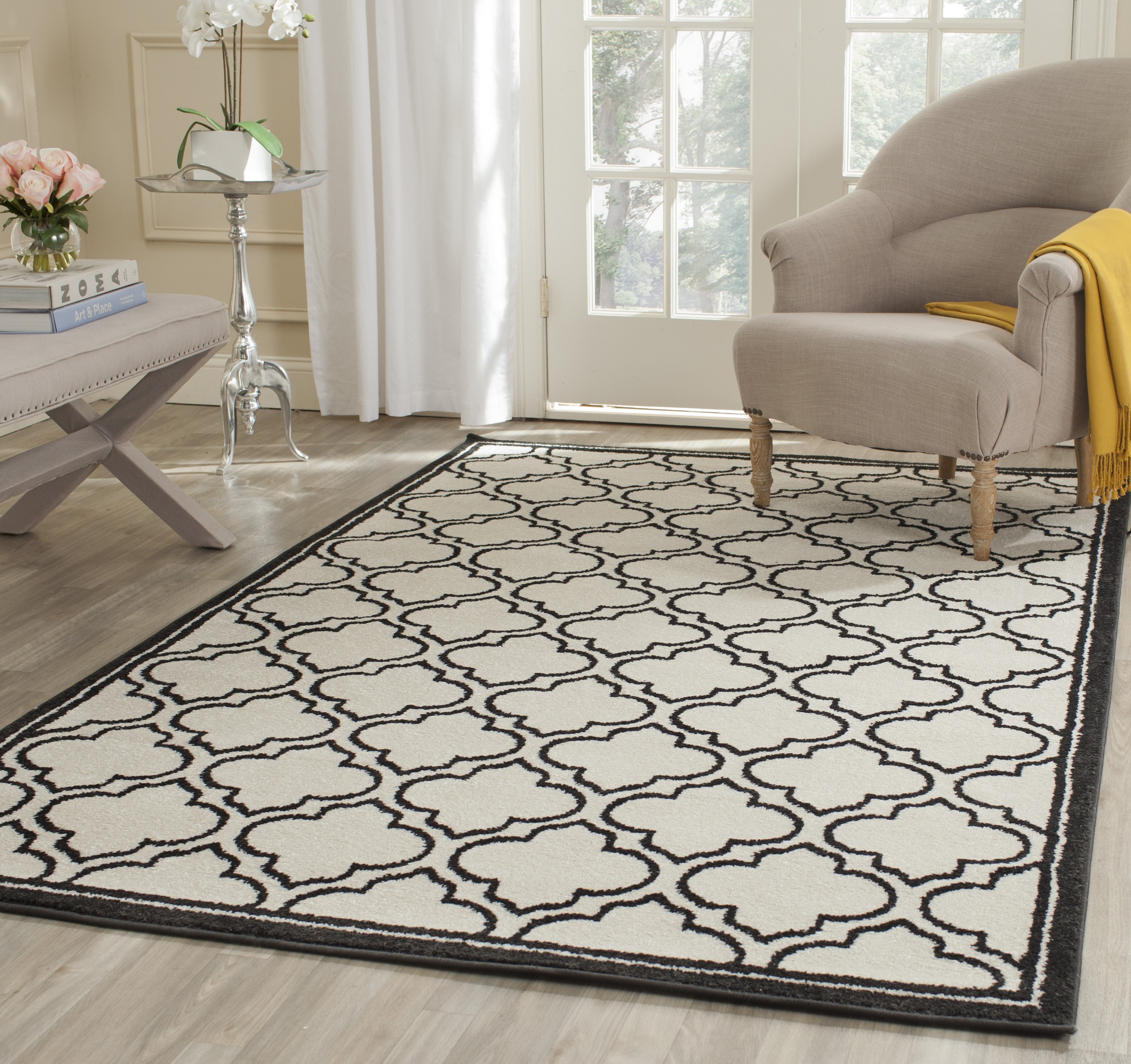 Safavieh AMT412D-3 Amherst Moroccan 3 x 5 (ft) Loomed Synthetic Ivory/Anthracite Rectangular Indoor/Outdoor Trellis Throw rug