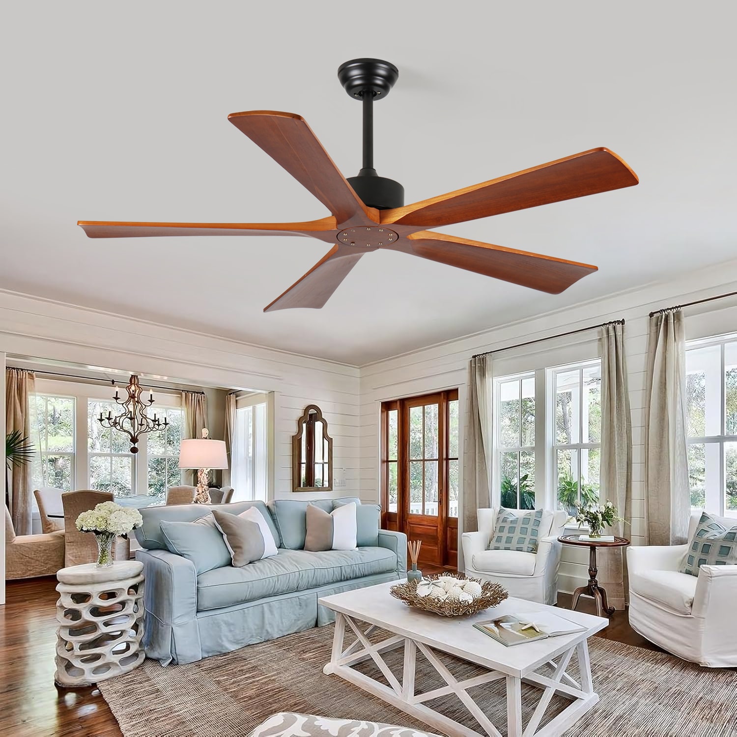 LOVMOR SF-Y-W2878P333280 60 Inch Ceiling Fans and Remote Wood Indoor Outdoor Ceiling Fan with Light for Patios Living Room Bedroom 5 Blades DC Motor Mid Century Modern Wooden Fan
