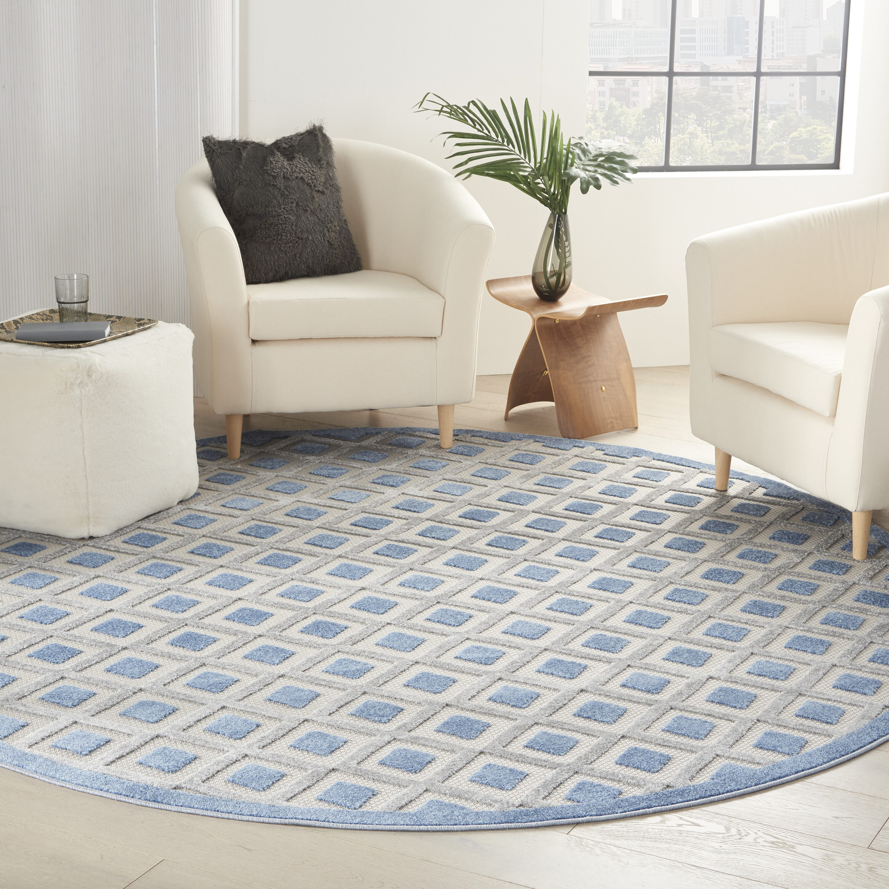 Nourison 99446829276 Aloha 8 x 8 (ft) Loomed Polypropylene Blue/Grey Round Indoor/Outdoor Geometric Area rug
