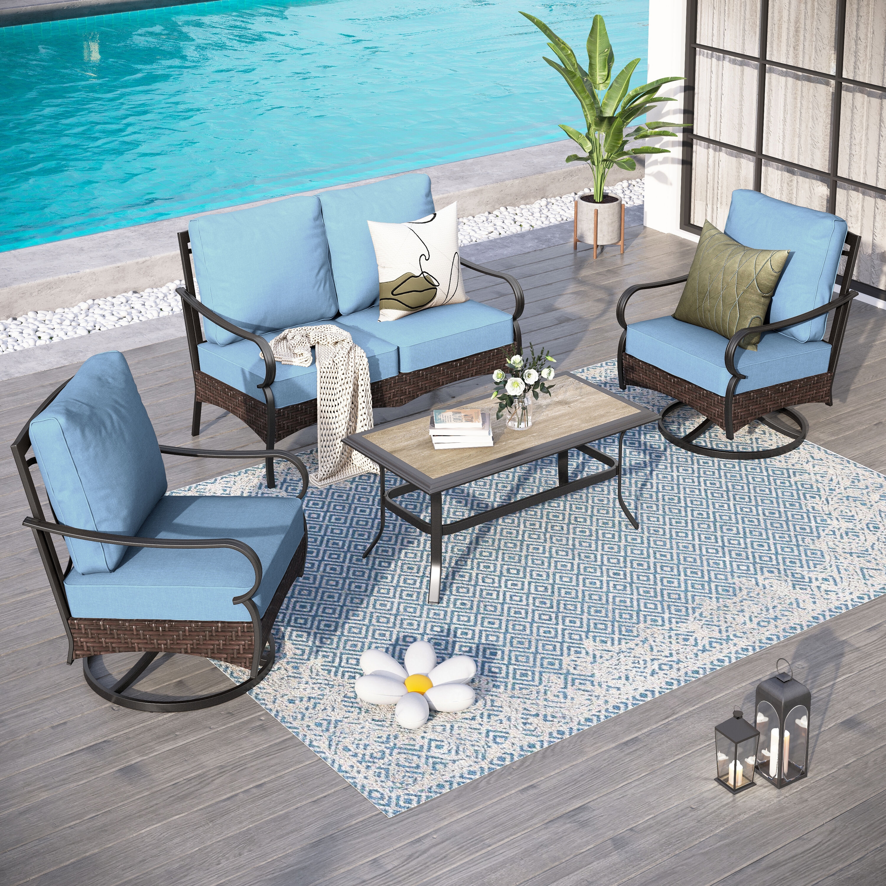 Sunshine Valley CR001-03-4-BL Patio Conversation Sets 4 -Piece Wicker Patio Conversation Set with Blue CUSHION PRO Cushions