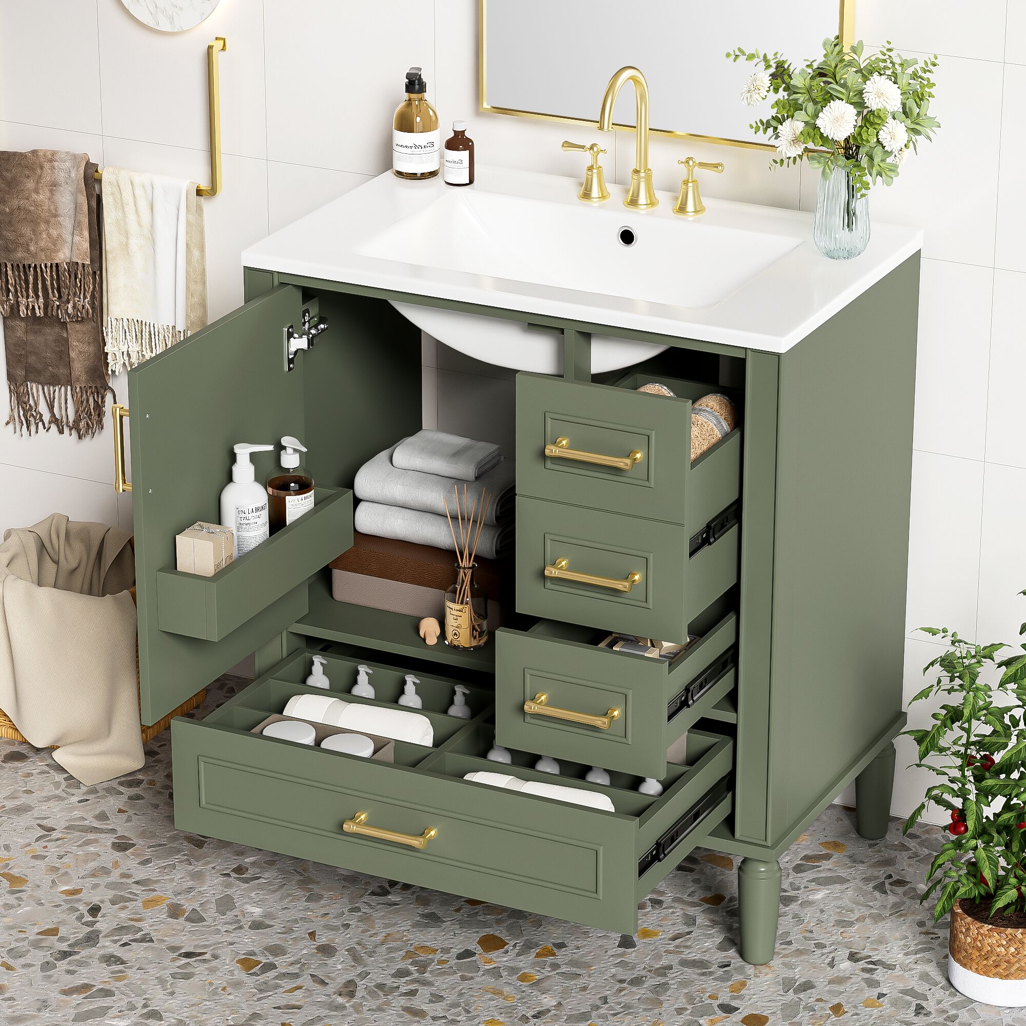 GDFStudio 345574 Cole Modern 30-Inch Bathroom Vanity with Ceramic Sink and Built-in-Shelf-Green
