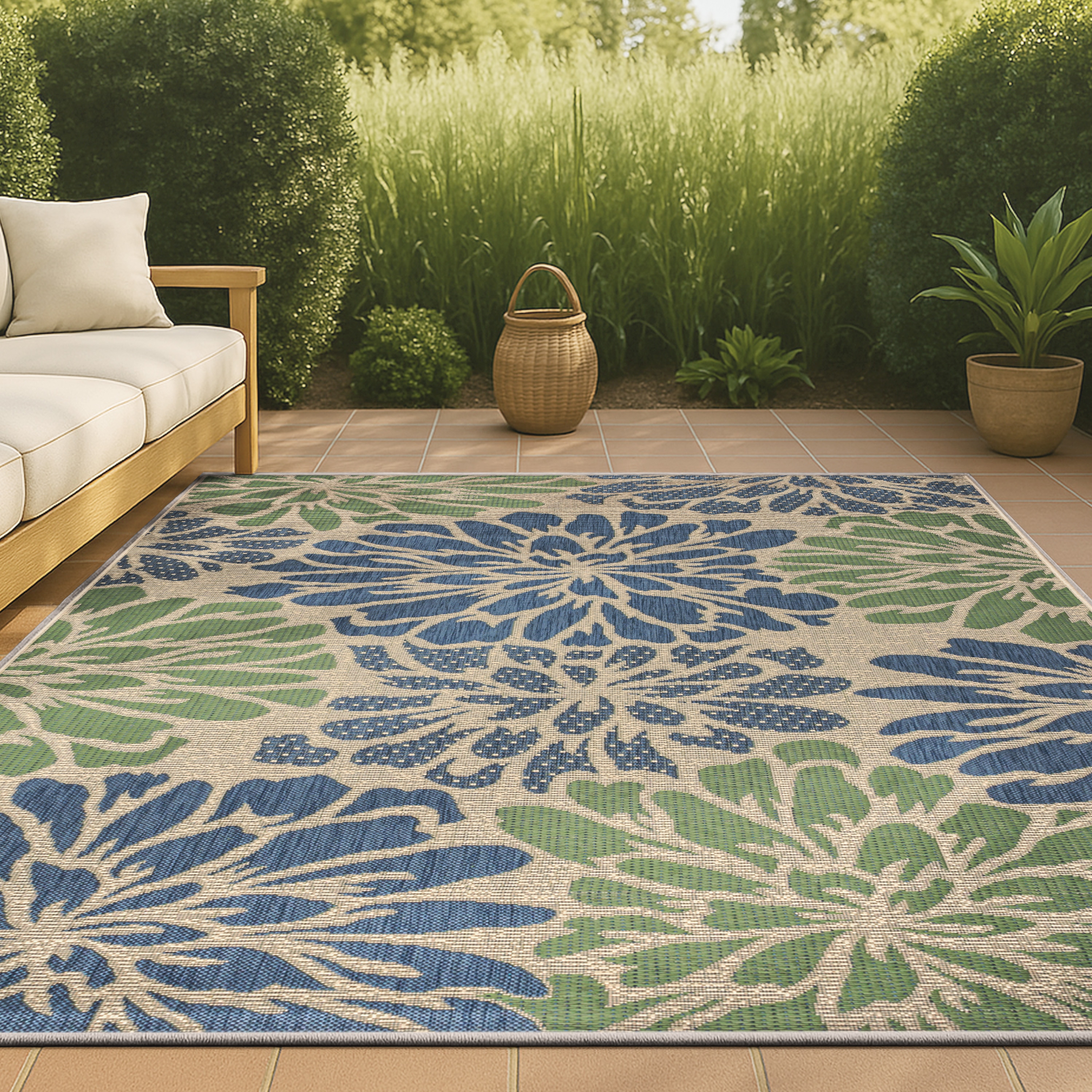 JONATHAN  Y SMB110B-8 Santa Monica Zinnia Textured Weave Floral 8 x 10 (ft) Loomed Polypropylene Navy/Green Rectangular Indoor/Outdoor Floral/Botanical Coastal Area rug