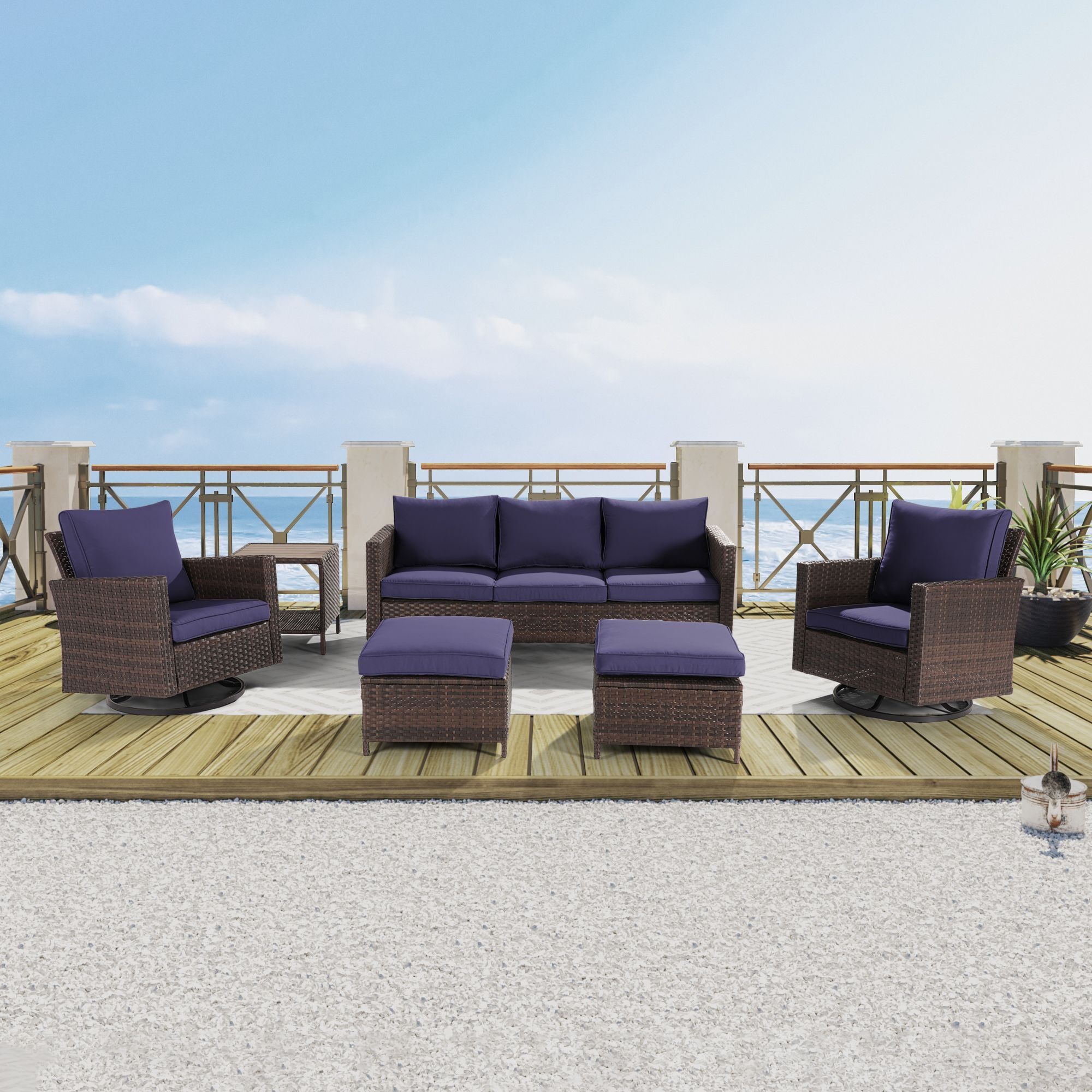 ACEGOSES LW-115BNY-2RT3 6 -Piece Wicker Patio Sofa Conversation Set with Blue Cushions