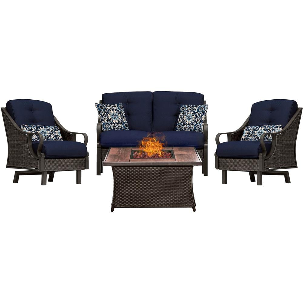 Hanover VEN4PCFP-NVY-WG Ventura 4 -Piece Patio Conversation Set with Blue Cushions