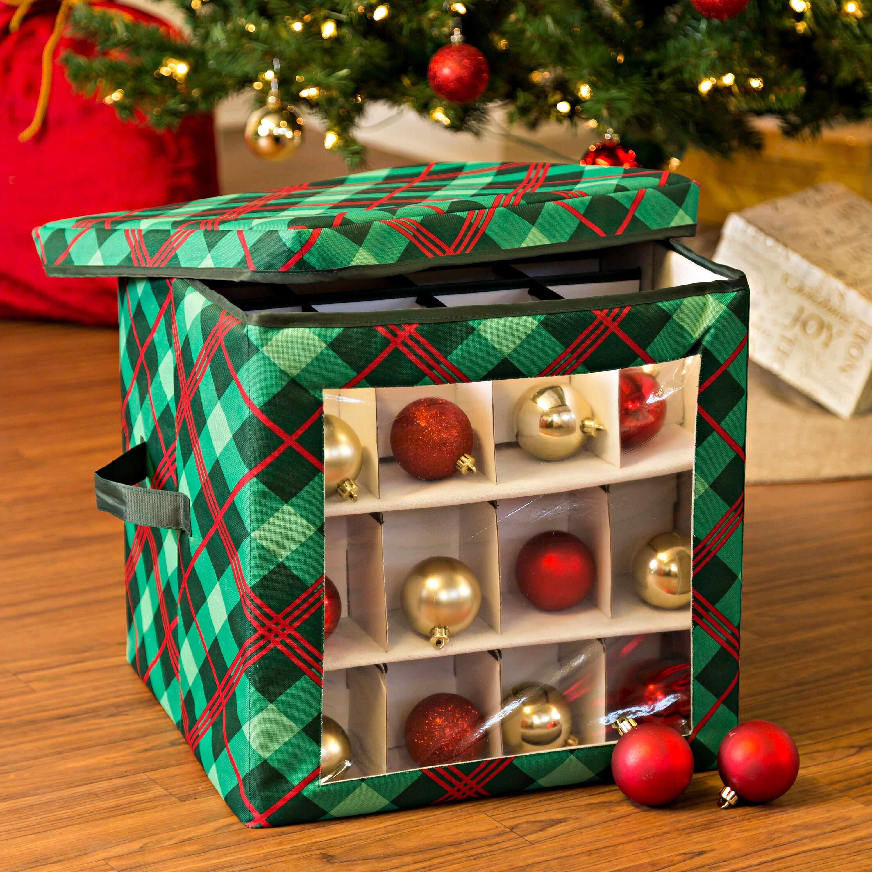 13” Red & Green Christmas Ornament Storage Box with Removable Dividers