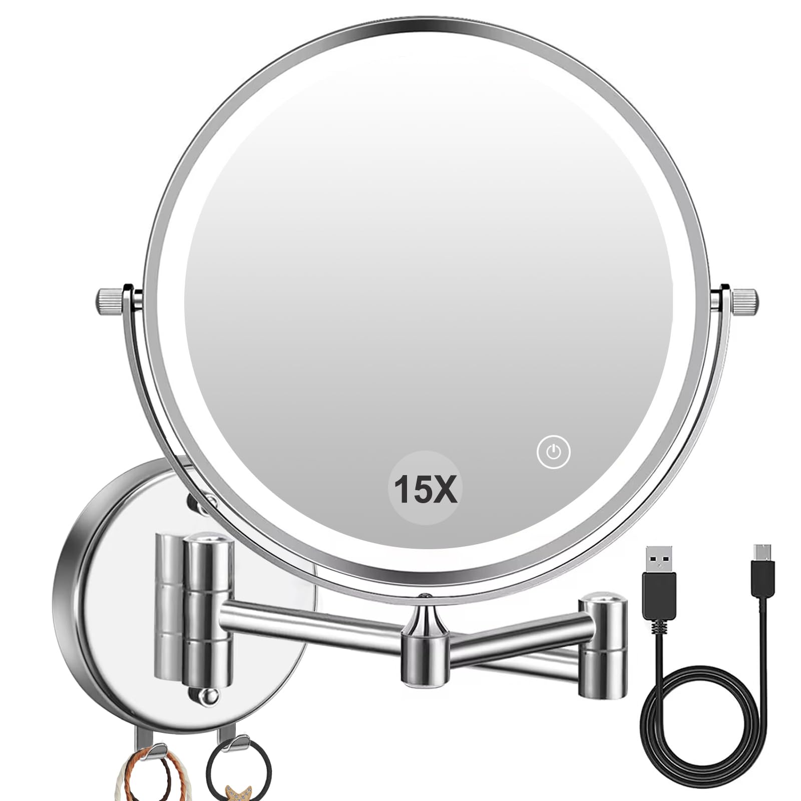 PIGFDK Silver  Wall Mounted LED Makeup Mirror 1X 15X Magnifying Rechargeable Touch Dimmable 3 Color Lights 8 Inch Double Sided 360 Rotation for Hotel Bathroom
