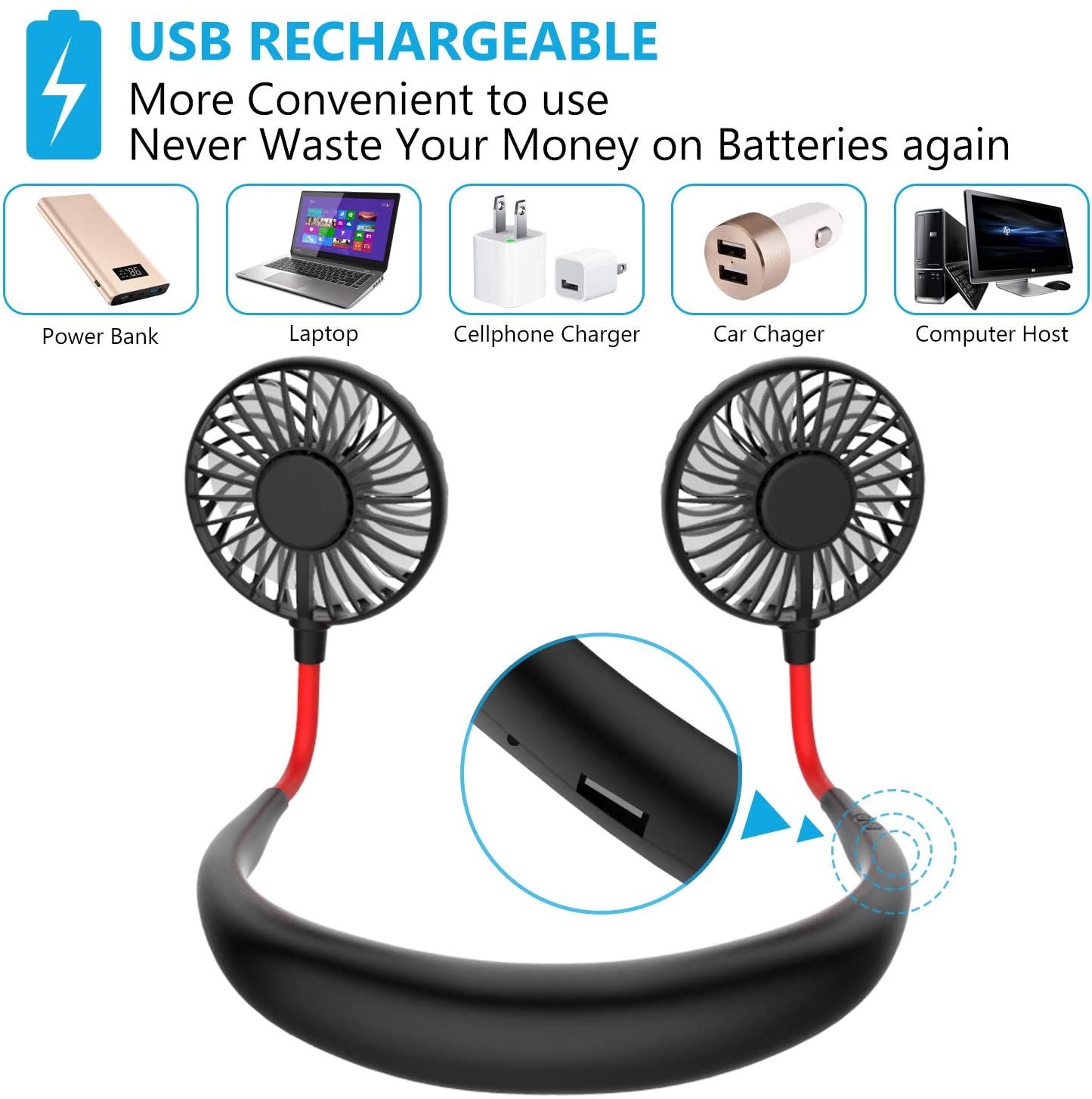 Details about   Hand Free USB Personal Fan Rechargeable Mini LED Neck Fan Headphone Design Sport 