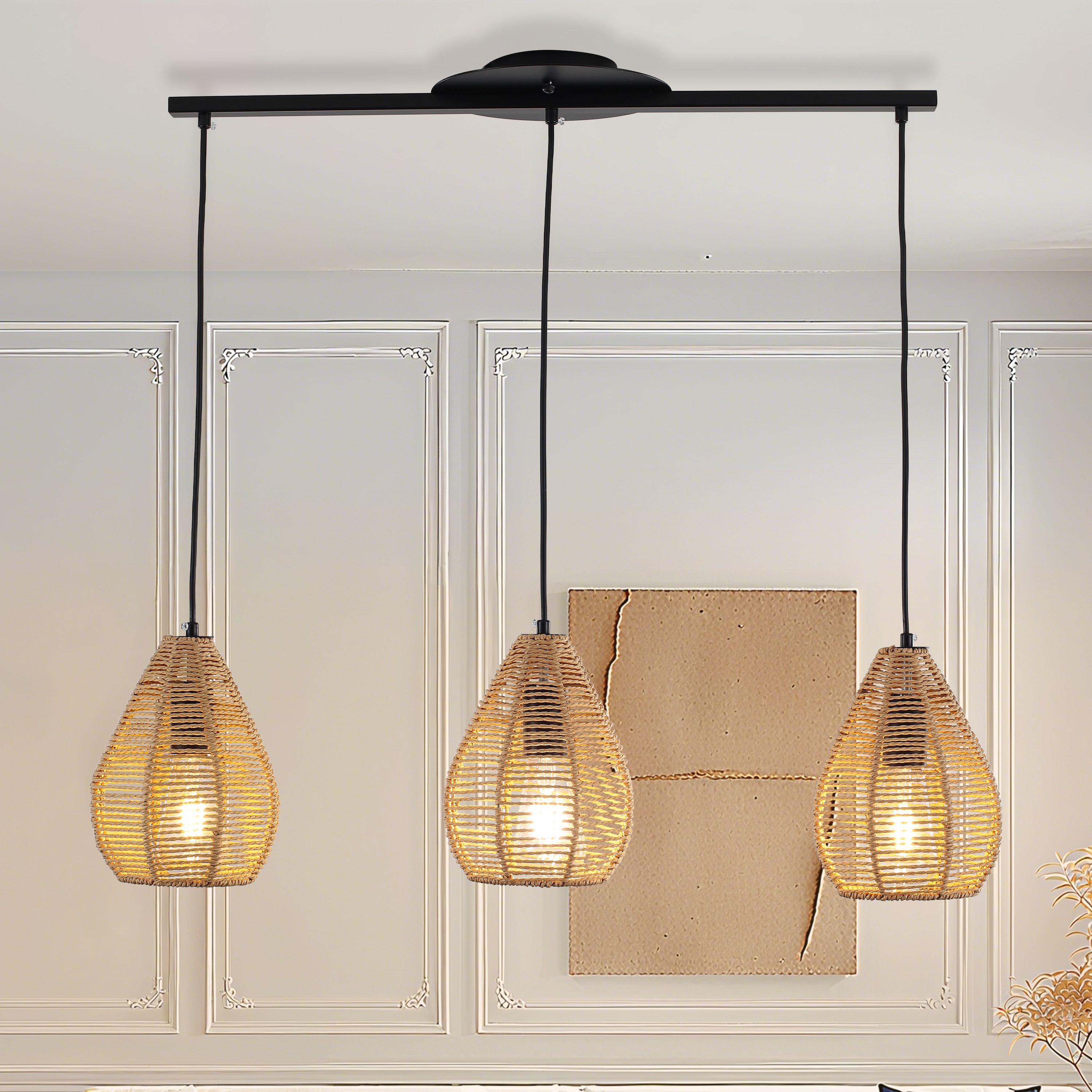 GZJunYo 3-Light Matte Black Boho Coastal Rattan Cone Linear Hanging Kitchen island light For Use in Kitchen Island Dining Room