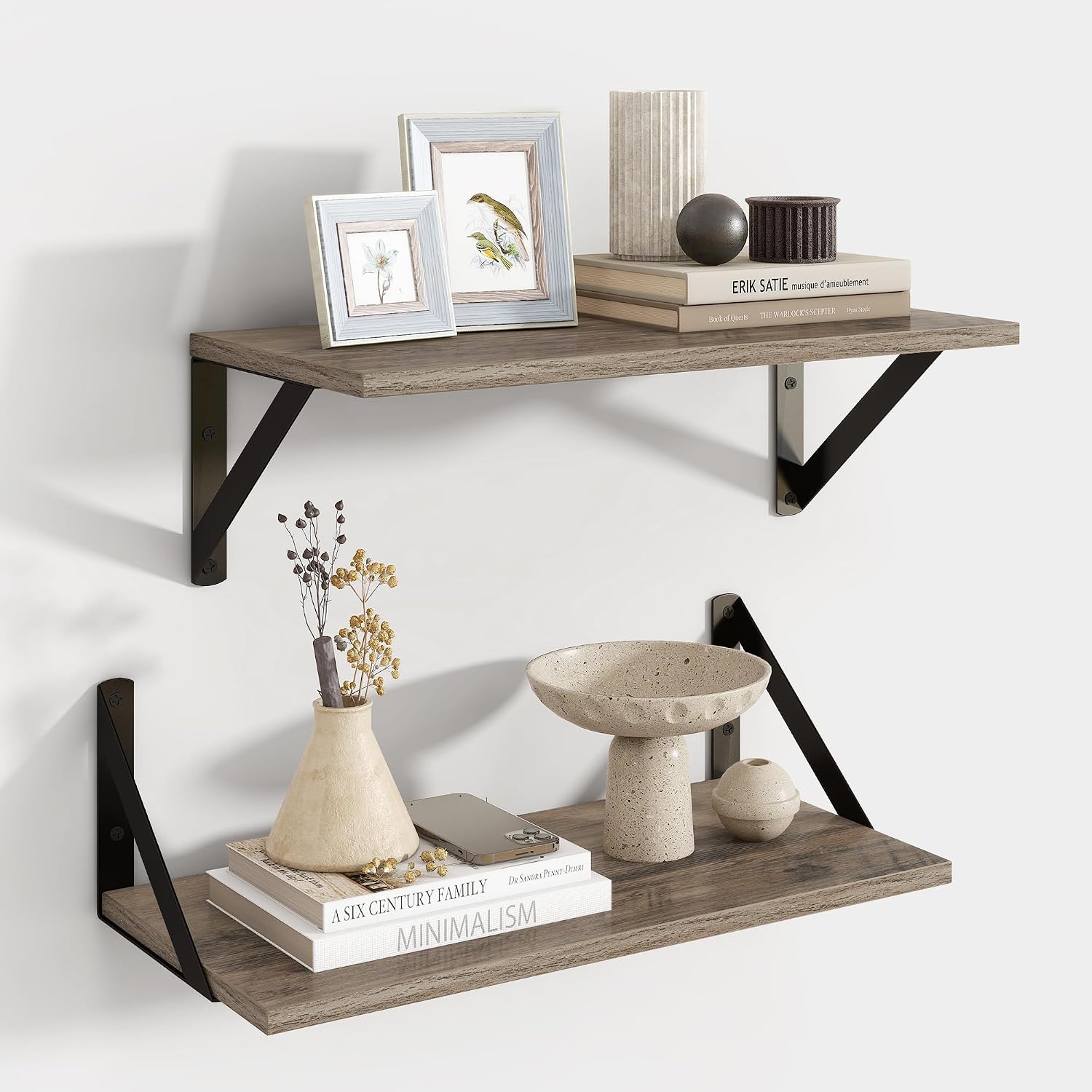 SPACELEAD Floating Wall Shelves Set of 2 - 16in W x 8in D x 5in H Rustic Grey Wood Shelving for Living Room Bedroom Farmhouse Decor