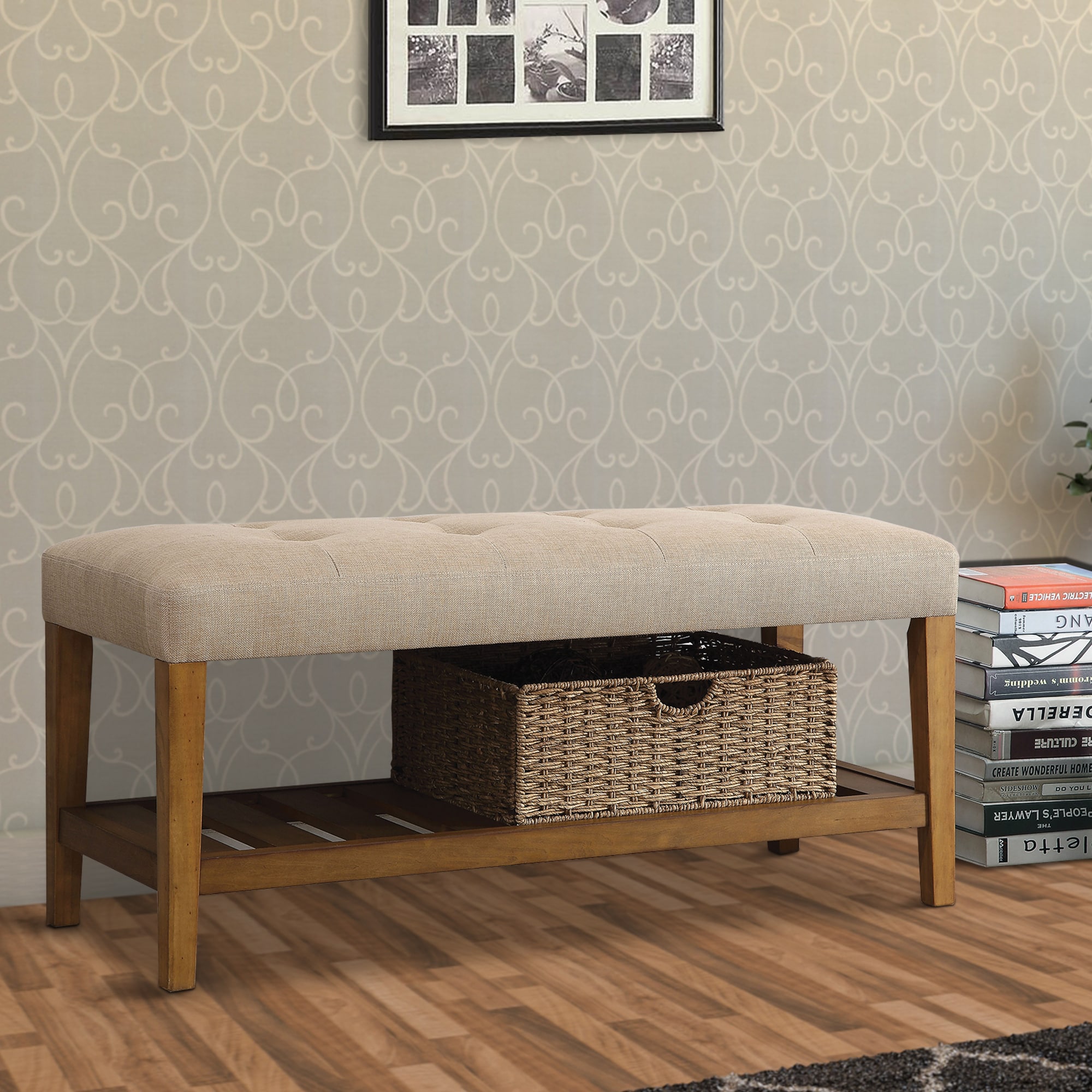 Beige Oak Wooden Bench with Storage and Tufted Seat