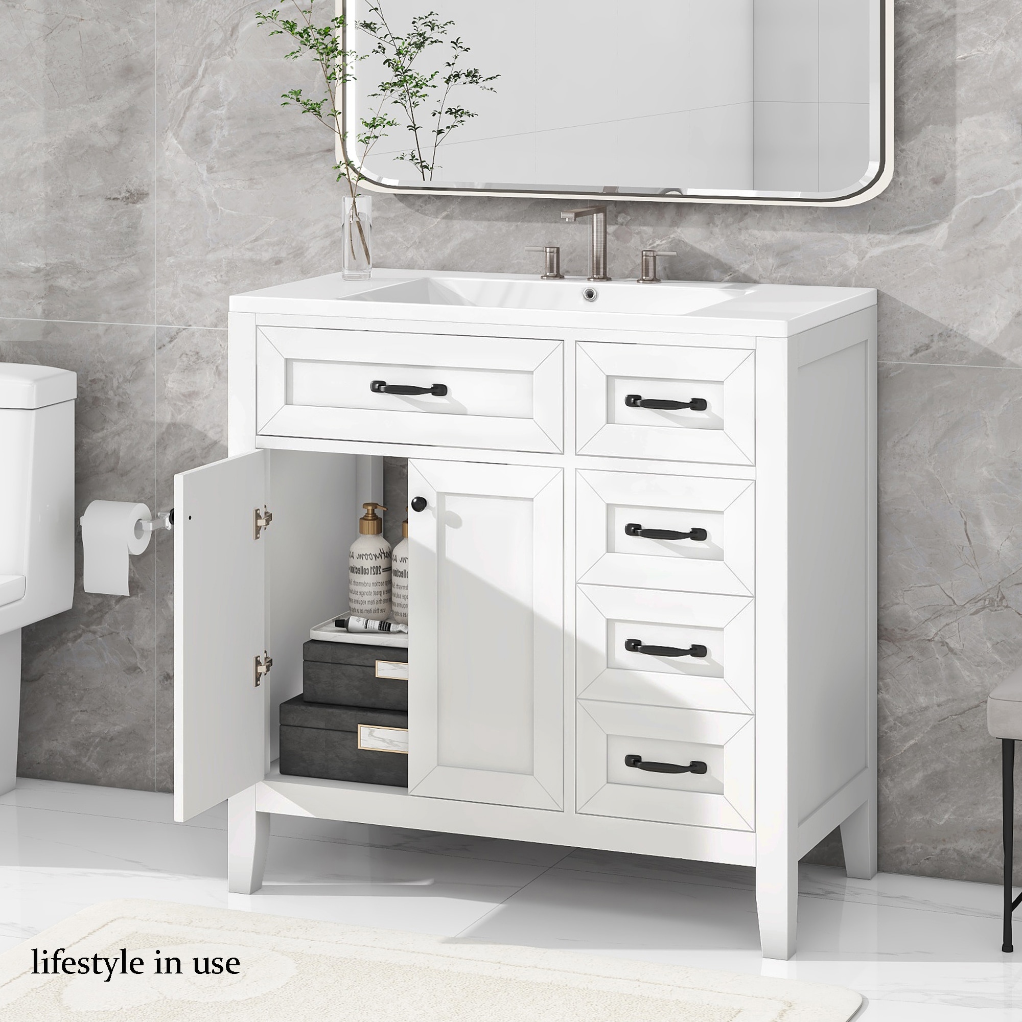 WELLFOR NIE-N7VT007 36-in White Undermount Single Sink Bathroom Vanity with White Ceramic Top