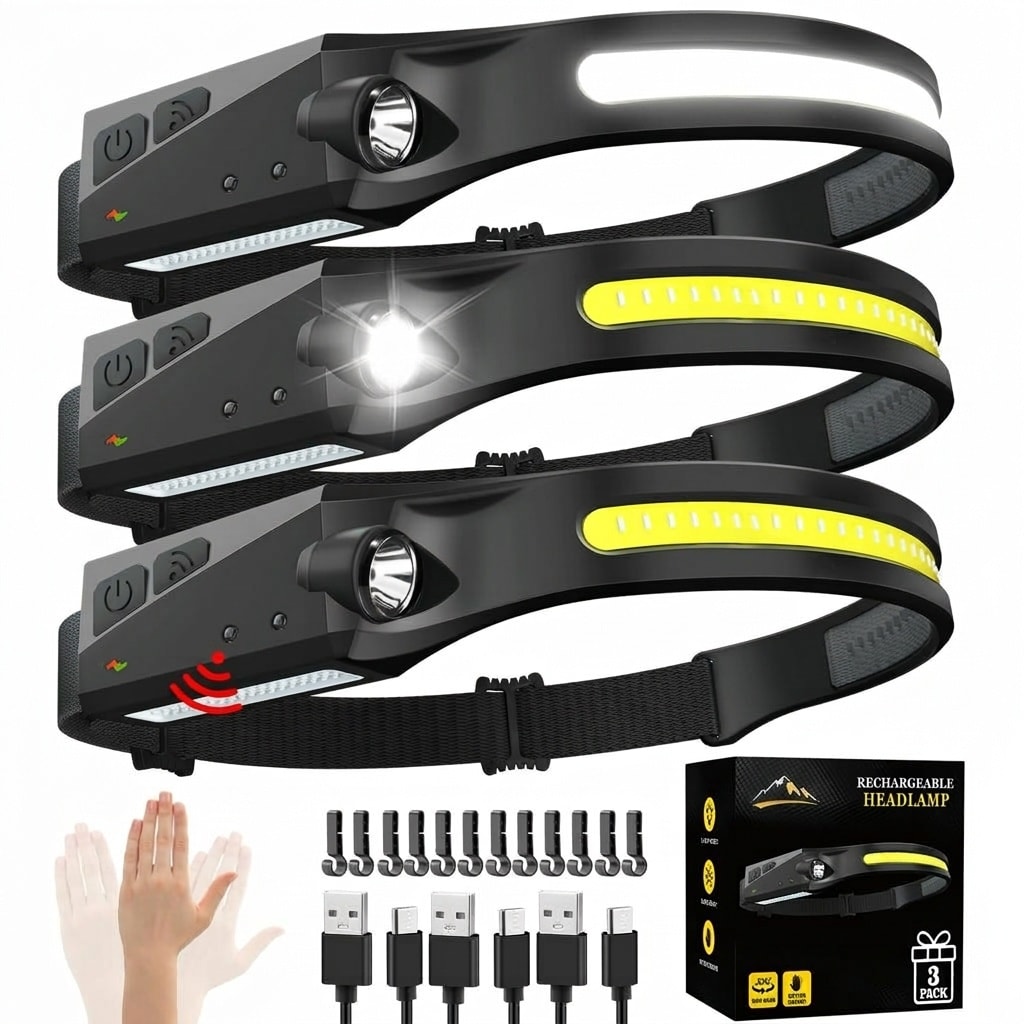 AOIZGMY 3 Pack Rechargeable LED Headlamp 230 Degree Wide Beam Motion Sensor 5 Mode Lightweight Waterproof Adjustable Headlight with Clips for Hard Hat Camping Hiking #LAZ0502K45