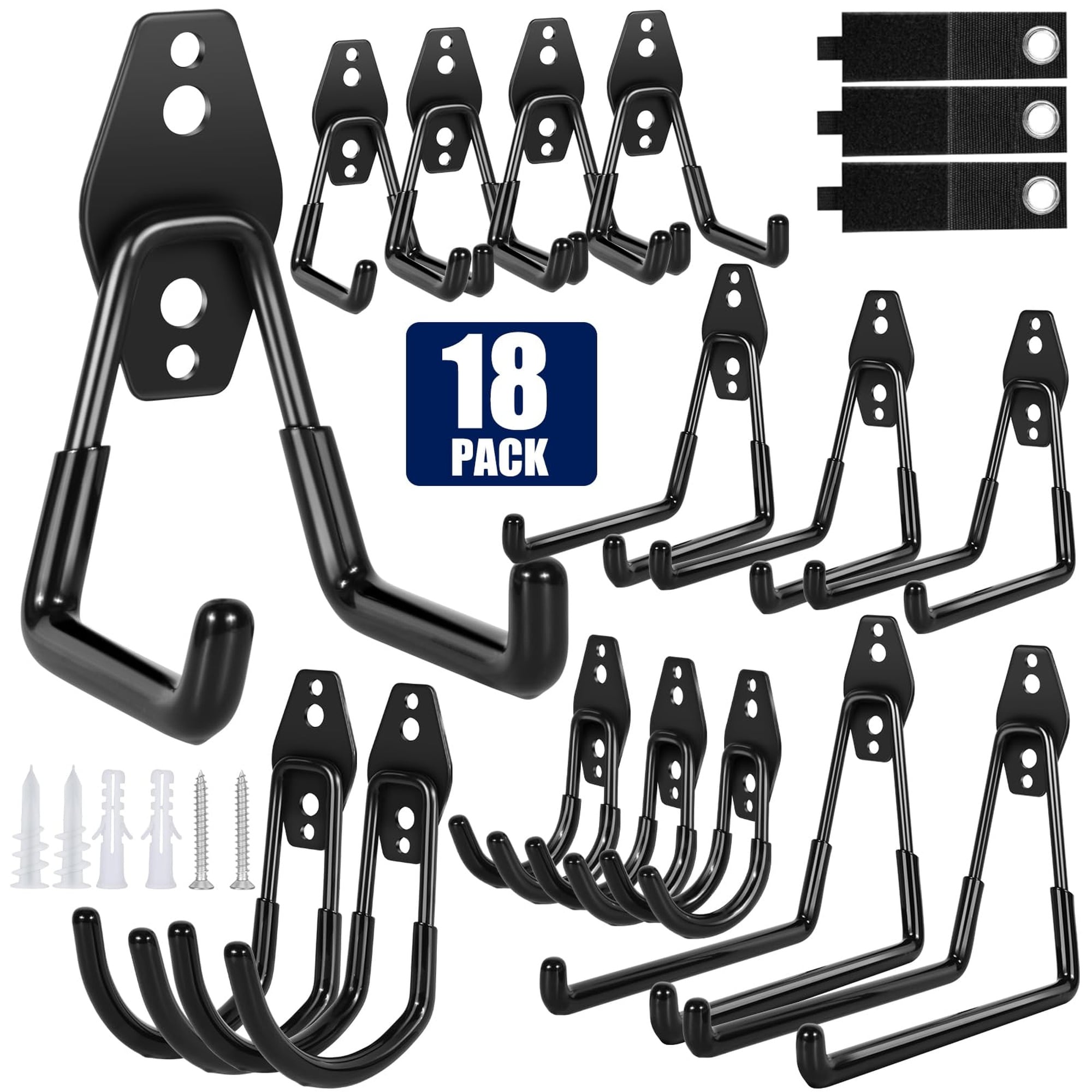 Numhew 18-Pack Black Steel Wall Mount Garage Storage Hooks with Organizing Straps