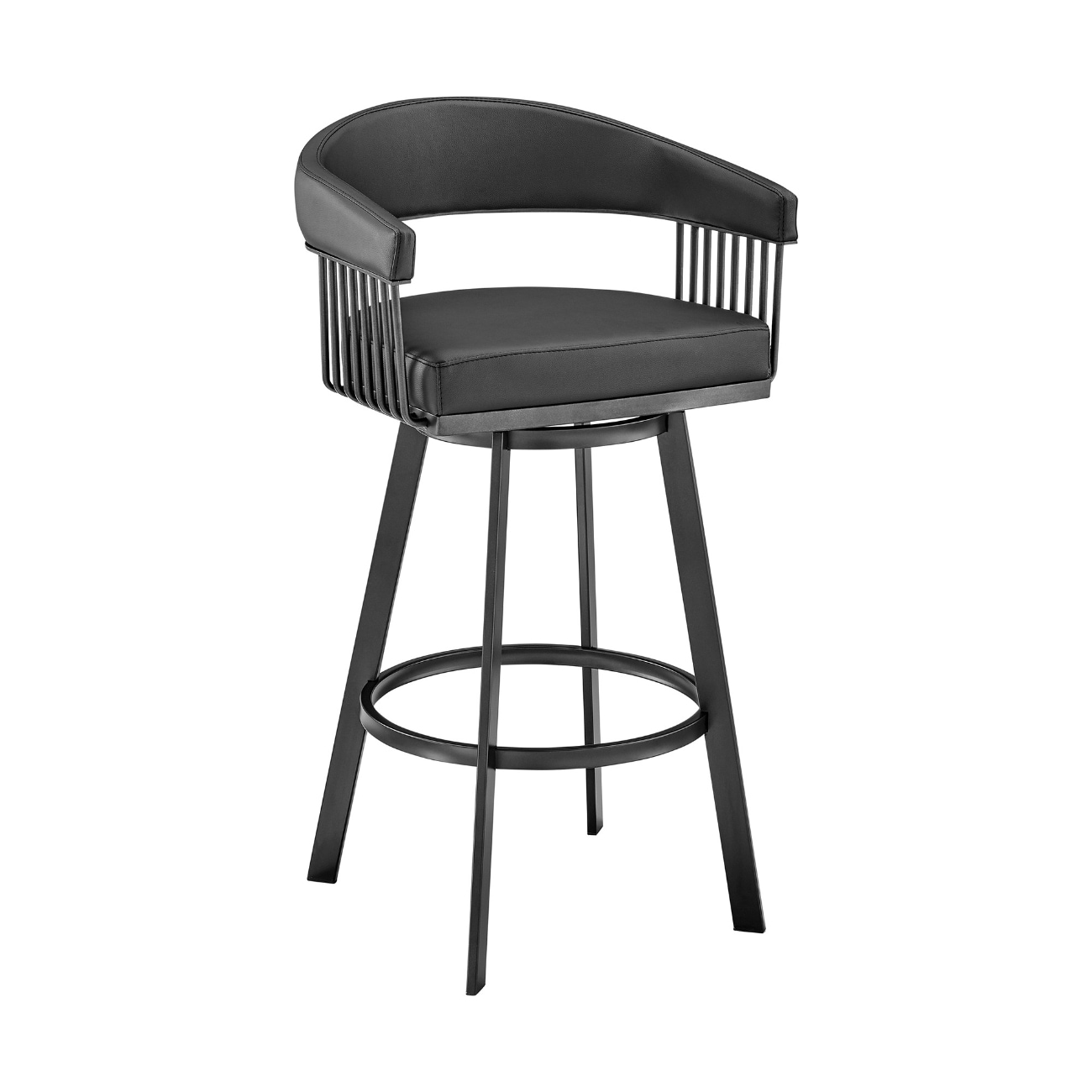 HomeRoots 4000476926 Black 29-in H Bar height Upholstered Swivel Metal Back Bar Stool with Arms and Back