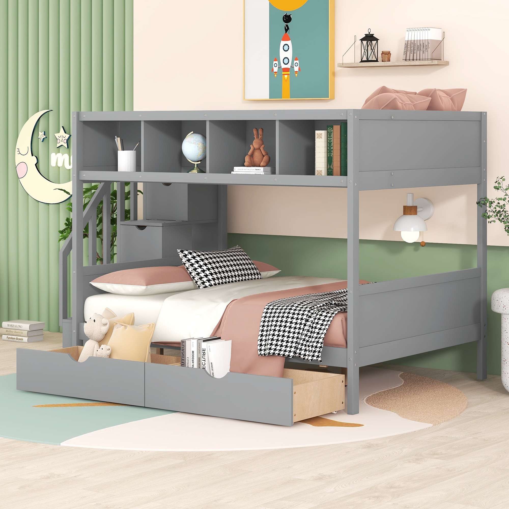 ModernLuxe LT000228AAE-1 Twin over Full Bunk Bed with Shelfs Storage Staircase and 2 Drawers Gray