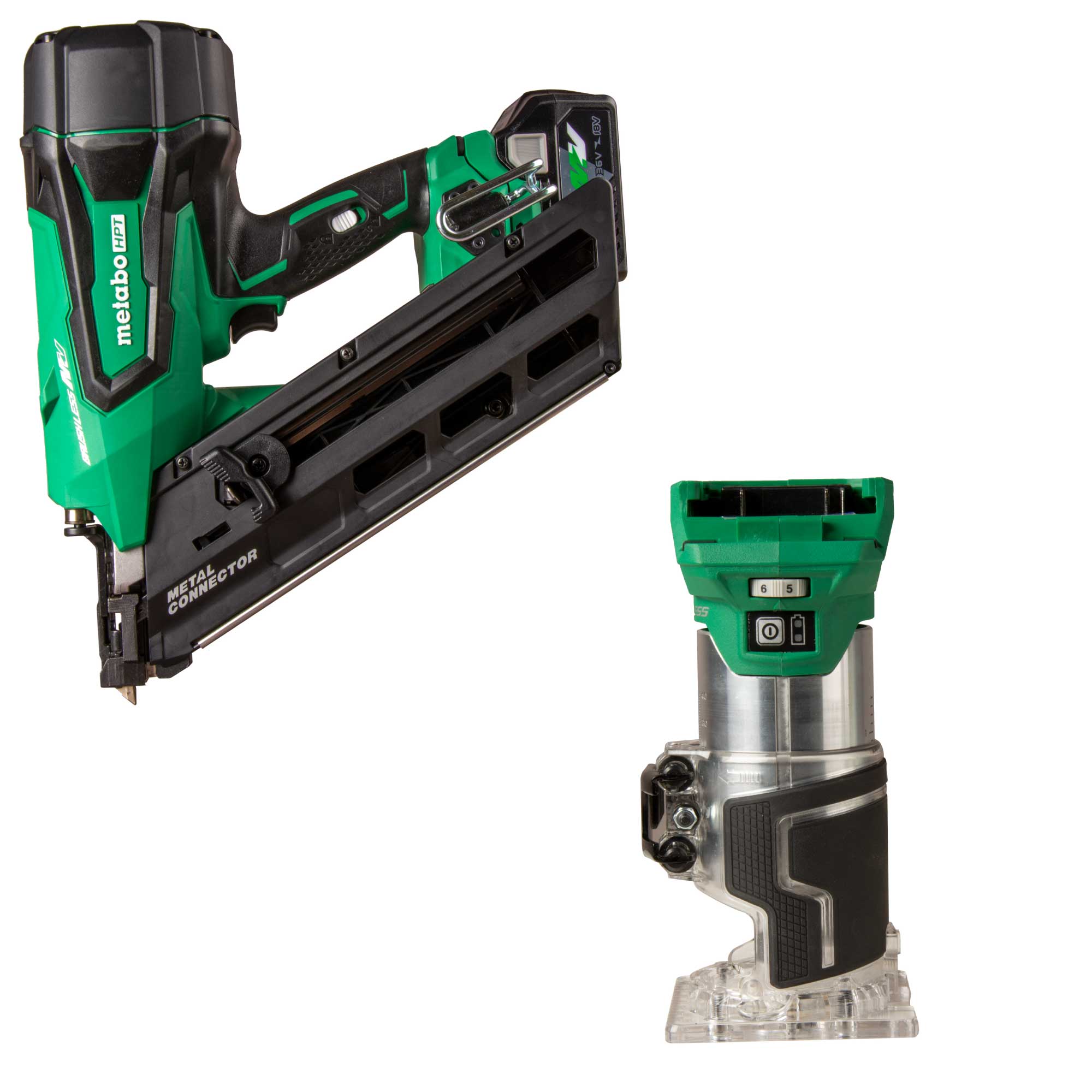 Metabo HPT MultiVolt 36-Volt Cordless Metal-Connecting Nailer with MultiVolt 18-Volt 1/4-in Variable Speed Brushless Trim Cordless Router
