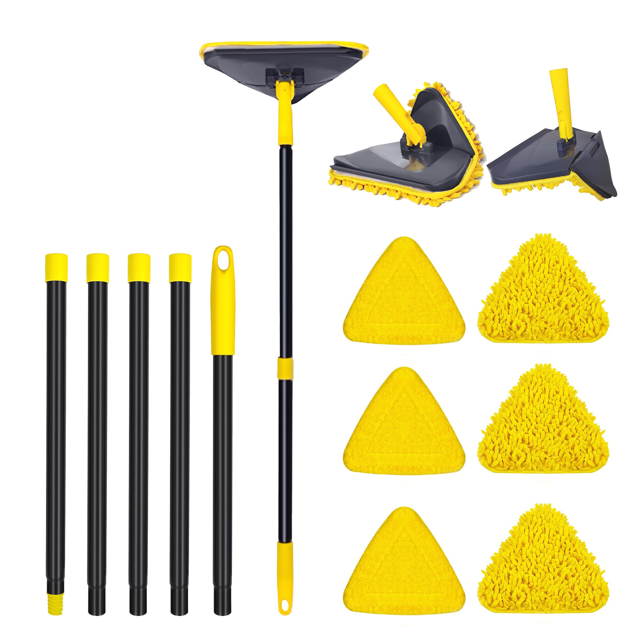 Ahfiwaso  Wall Mop with 82 Inches Long Adjustable Handle 180 Degree Folding Triangle Mop Head with Squeegee and 6 Reusable Cleaning Pads for Walls