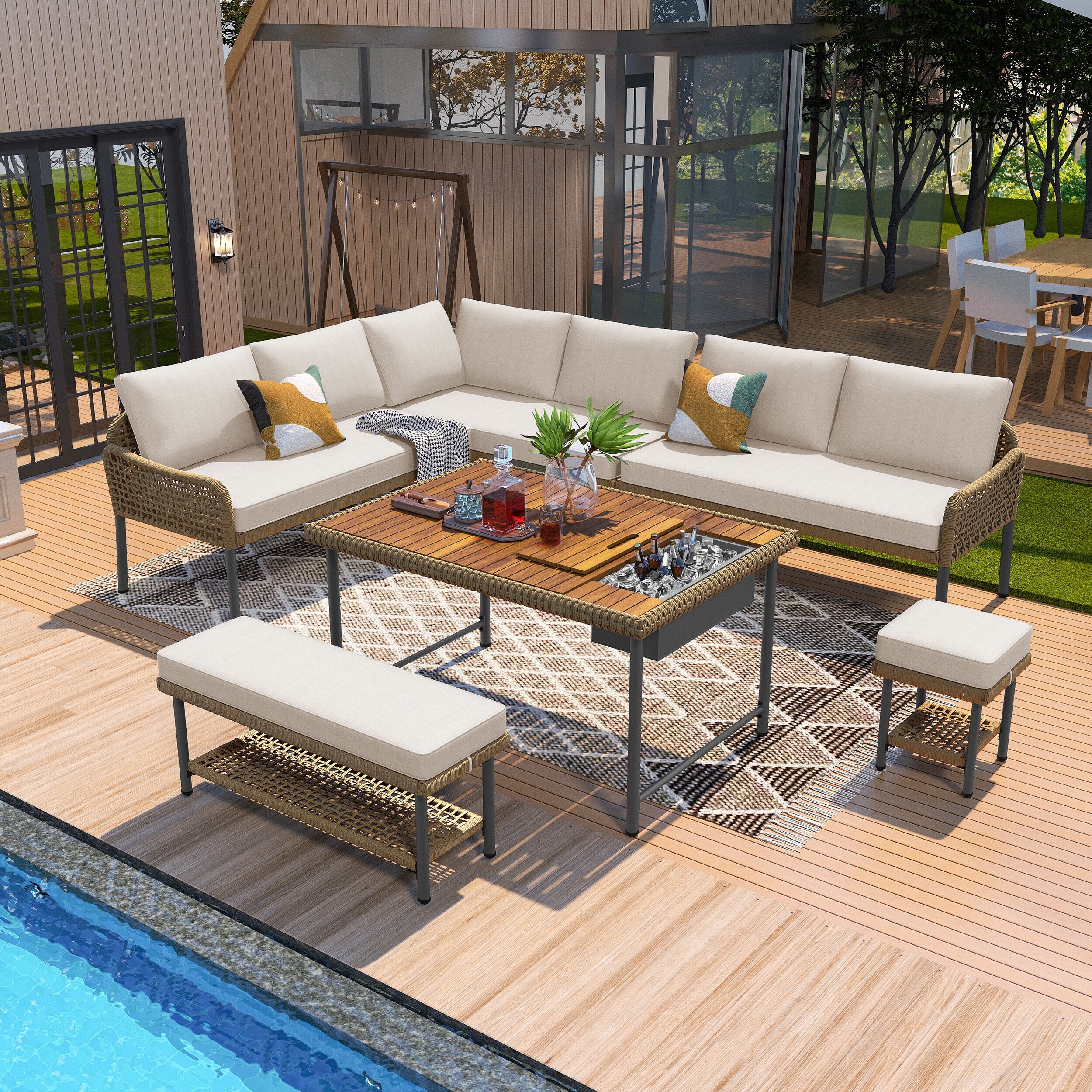 ModernLuxe L-N707S000014Z 6-Piece Rope Patio Furniture L-Shaped Set, Outdoor Sectional Sofa Set with Acacia Wood Table with Ice Box, Rope Benches, Rope Conversation Set with Deep Seating Thick Cushion for Couch,Beige 6 -Piece Patio Sofa Conversation Set with Off-white Cushions