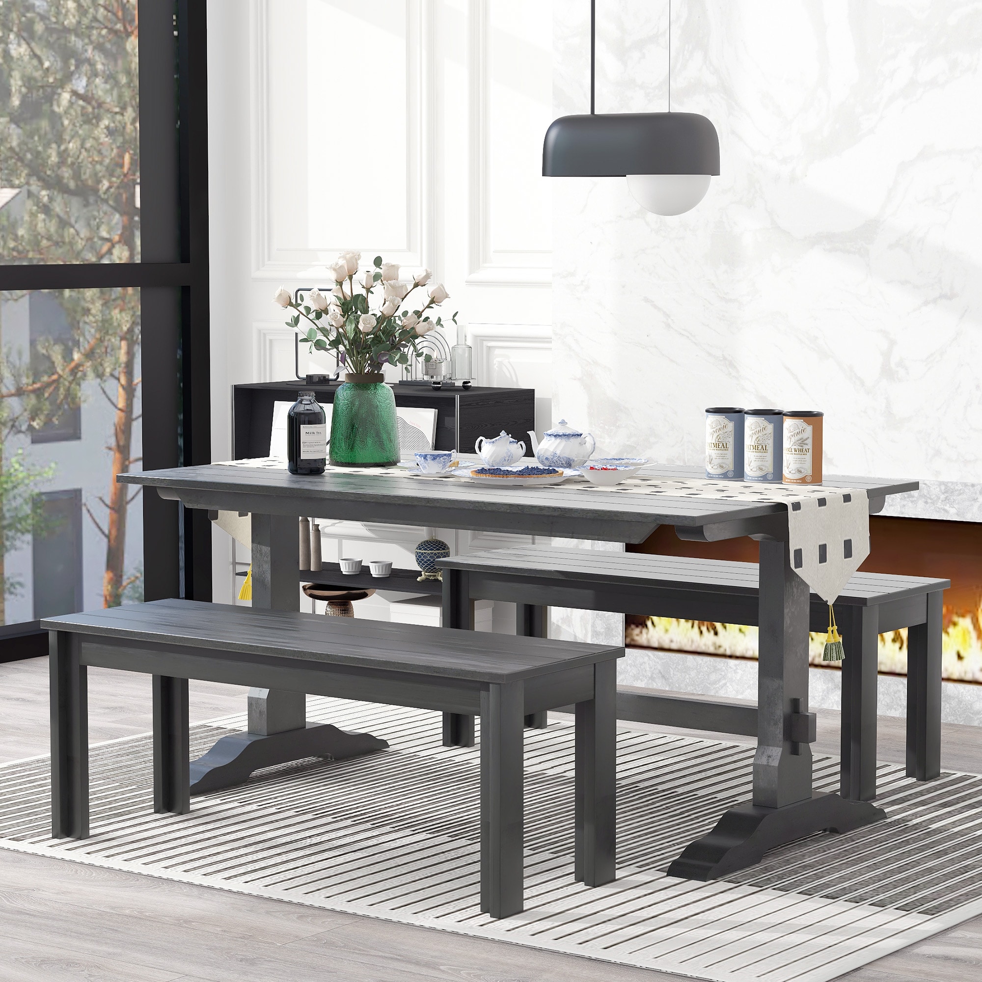 ModernLuxe ST000122AAE 3Piece Retro Dining Set Rectangular Trestle Table and 2 Wood Benches for 4 People for Dining Room and Kitchen Grey