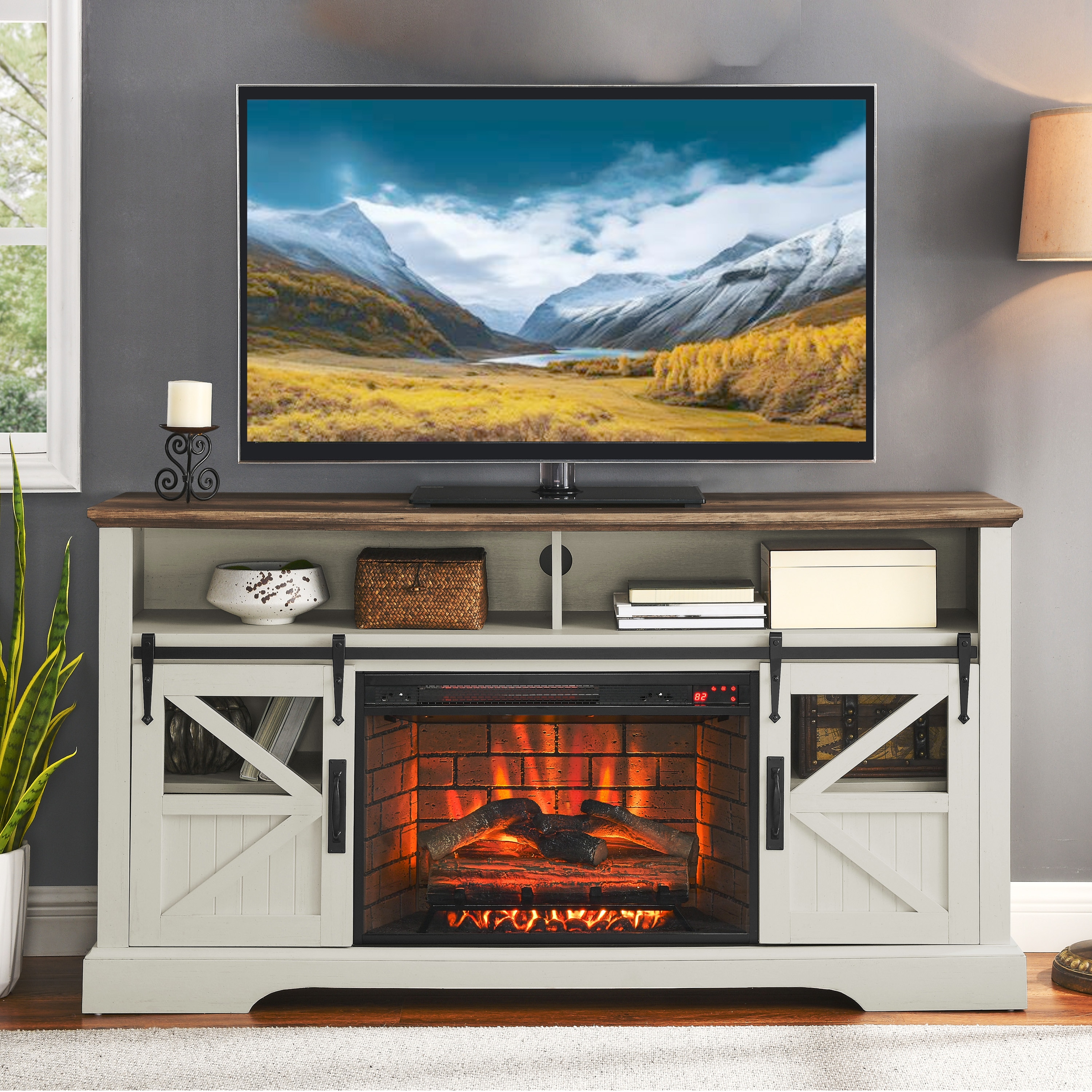 ToolCat 60-in W Jasmine White TV Stand with Fan-forced Electric Fireplace MGG3-24-CEMFP Sansujyuku sansujyuku.com