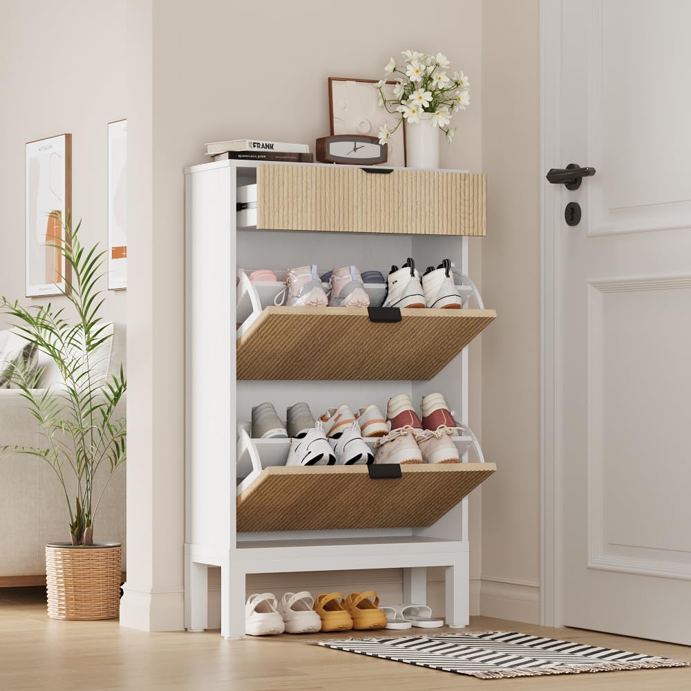 WhizMax DF-PHO-164MSV8I Shoe Storage Cabinet with 2 Flip Drawers And A Drawer-Entryway Cabinet with Adjustable Shelves That Can Accommodate 12 to 20-Space-Saving Narrow Shoe Rack for Entryway-Hallway-Front Door