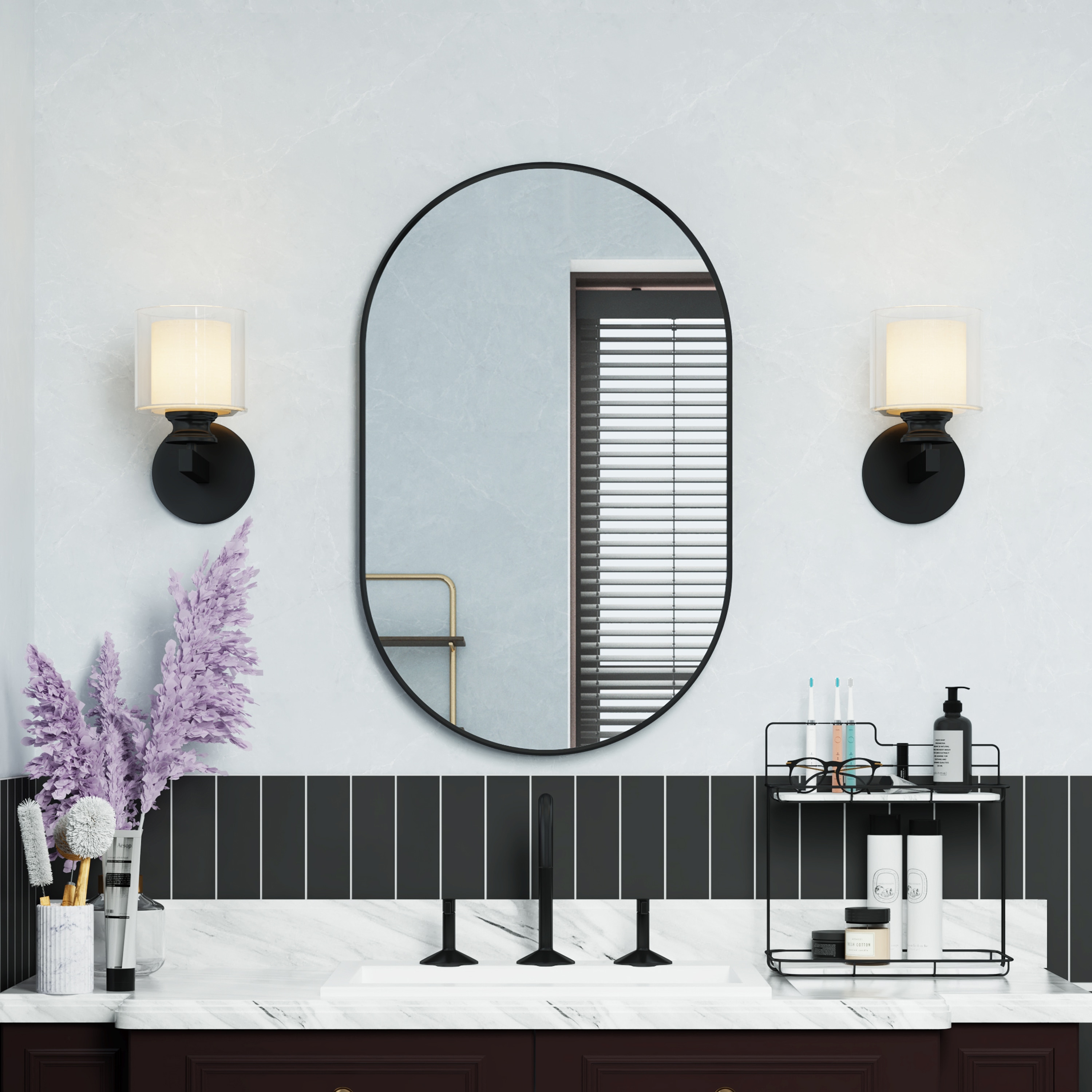 Forclover HYFC-BA436CF 20-Inches x 32-Inches Beveled Oval Bathroom Vanity Mirror ( Matte Black )