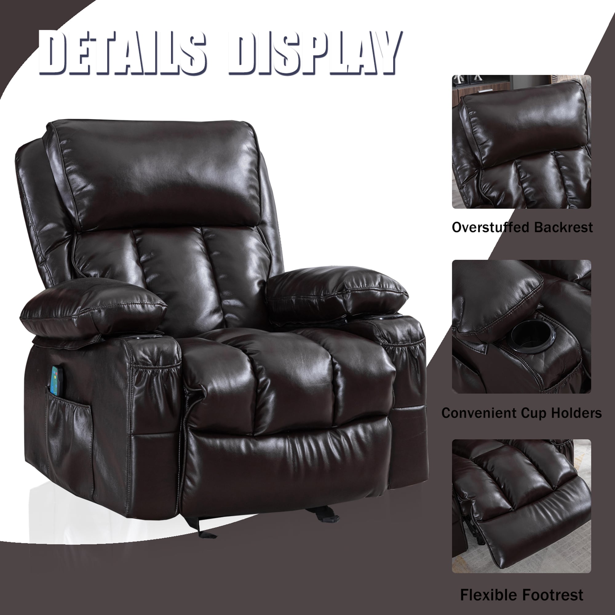 Clihome Brown Faux Leather Upholstered Tufted Recliner with Lift ...