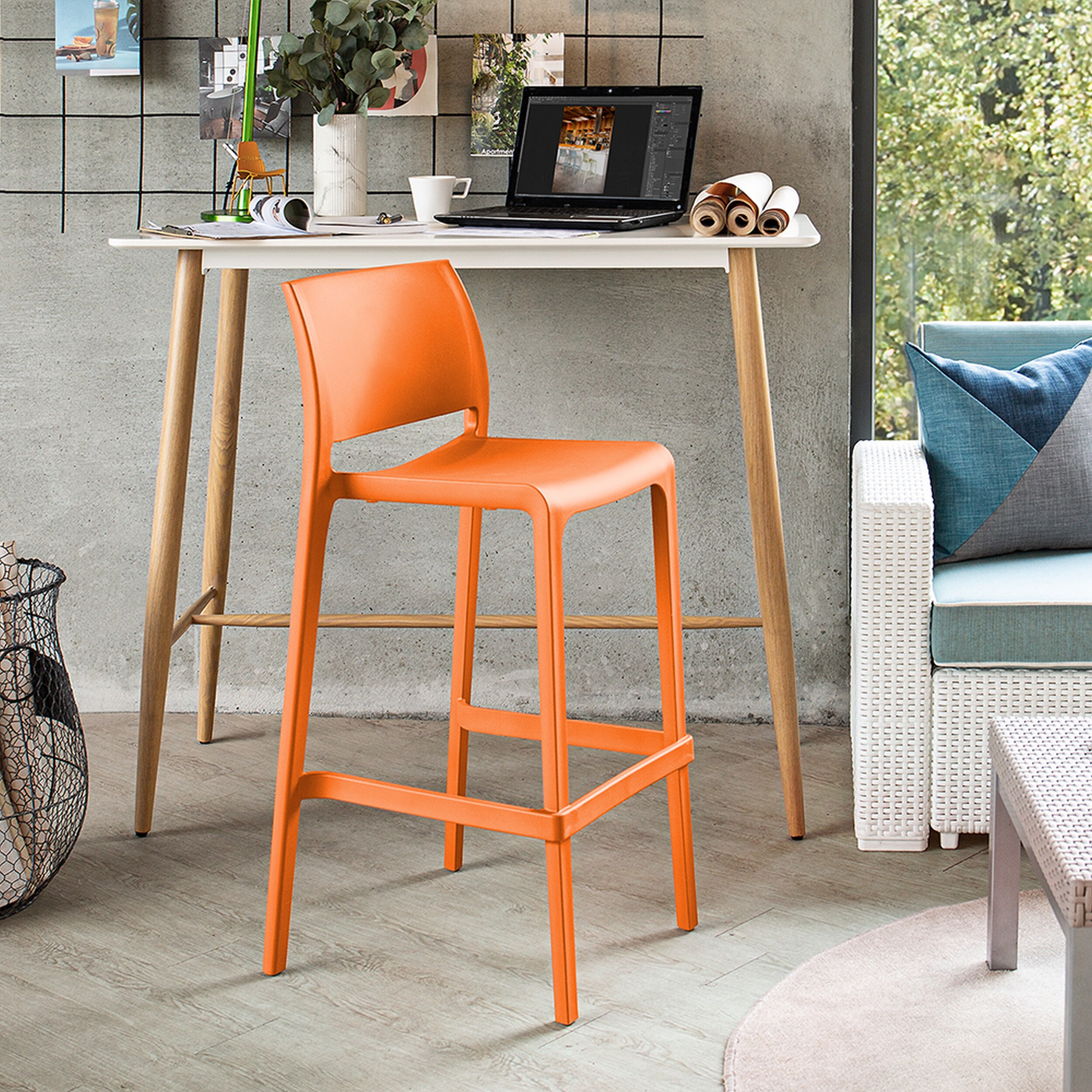 Sensilla Simple Orange Resin Stackable Bar Stool, Set of 2