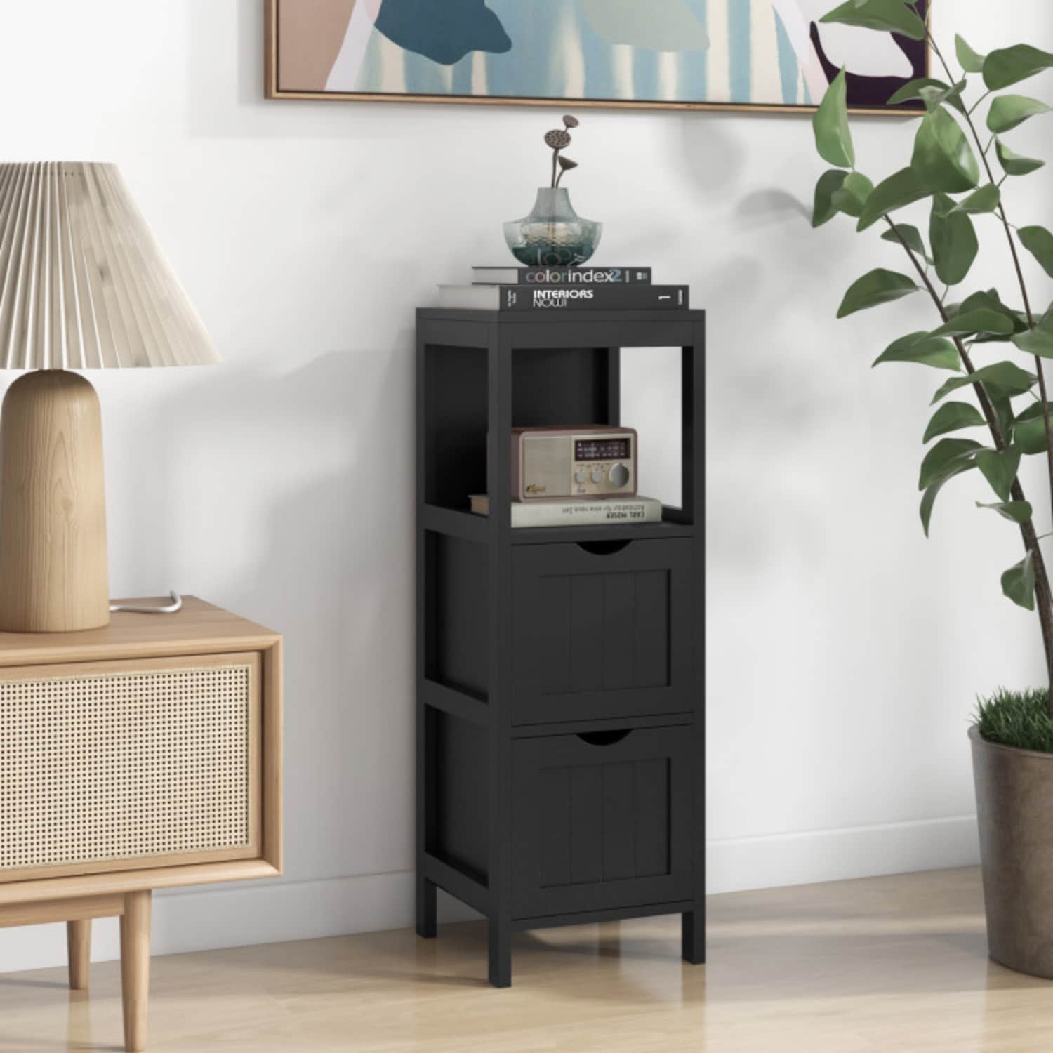 Vanityfus Freestanding Storage Cabinet with 2 Removable Drawers for Bathroom-Black