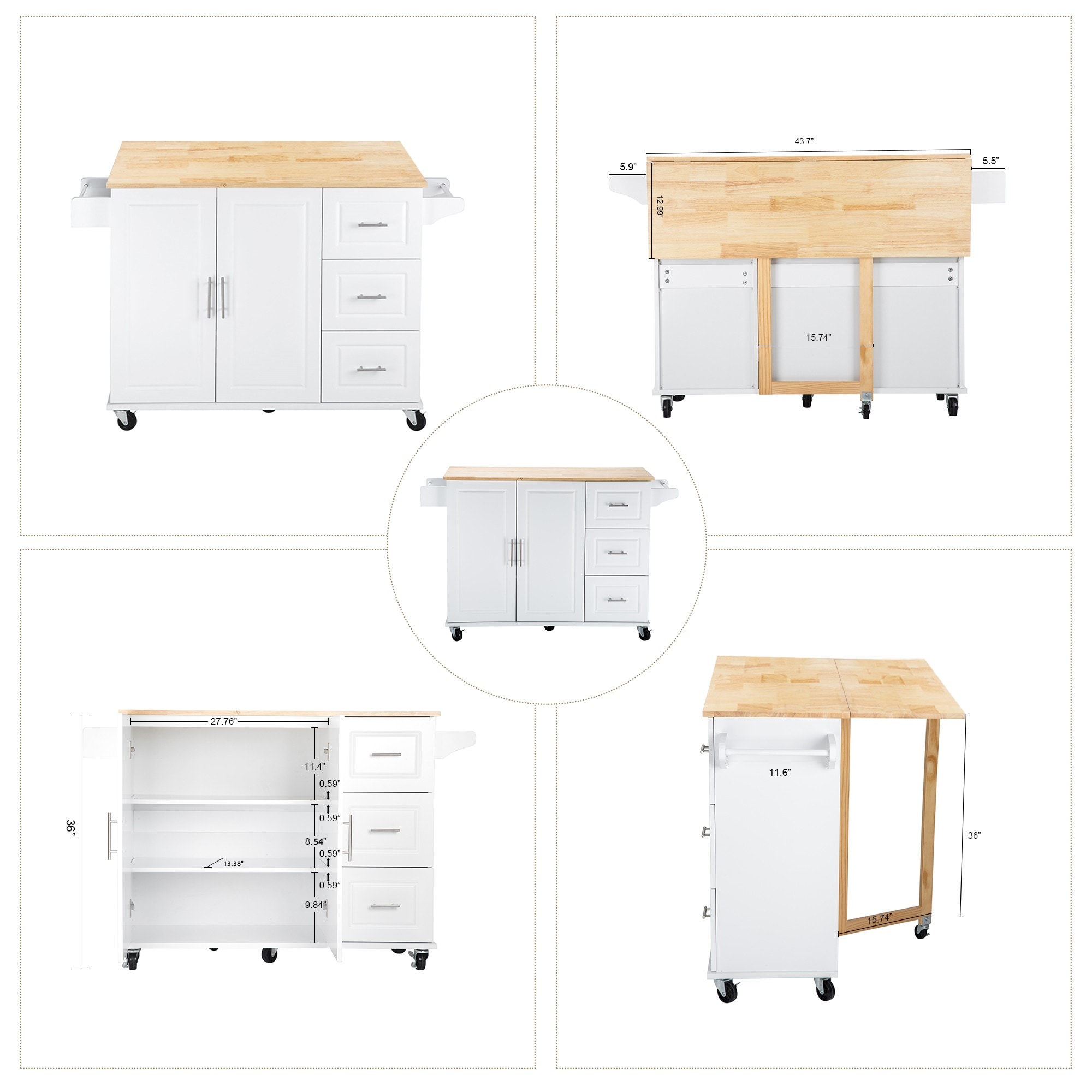 Miki Shinly White Mdf Base with Mdf Top Rolling Kitchen Island (17-in x 53.93-in x 36.22-in)
