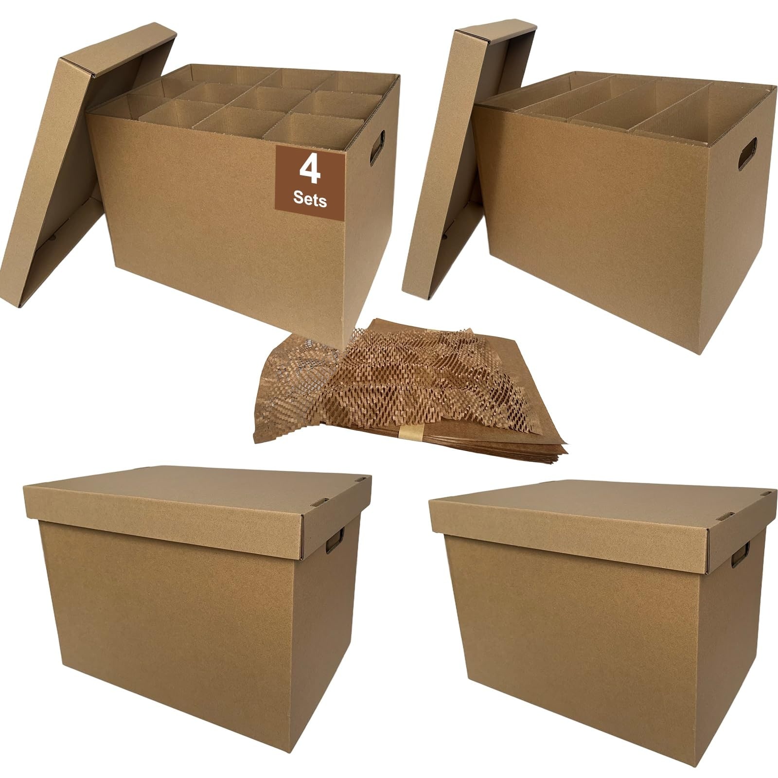 Anqtovp  4 Pack 17x12x12 Inch Kitchen Moving Boxes with Glass and Dish Divider Kits and 50 Cushion Wraps Reinforced Handles Tape Free Stackable Reusable