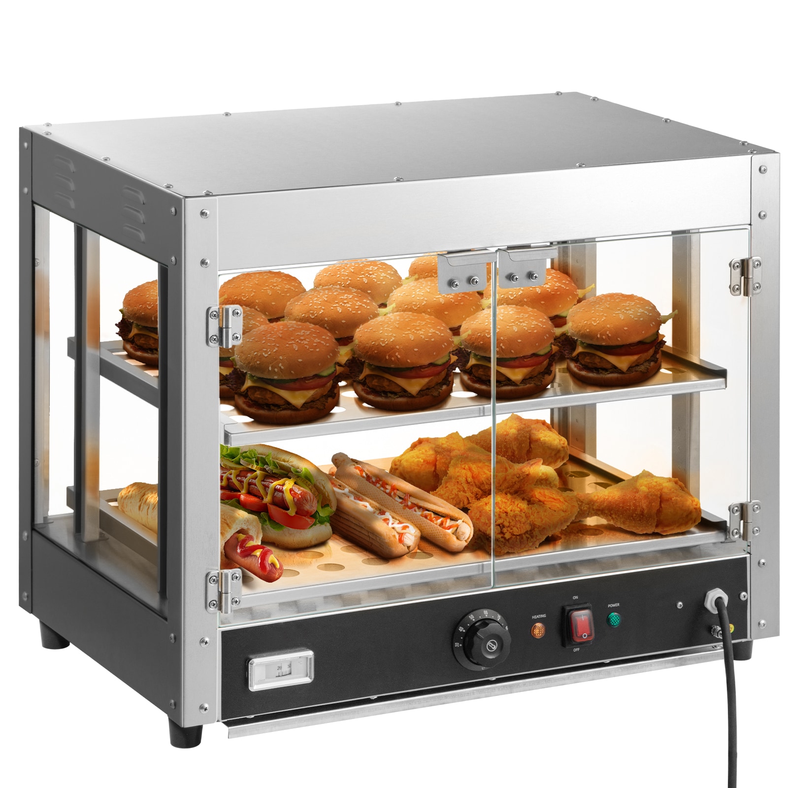 VEVOR SCSPBWJCYBXG07328V1 Commercial Food Warmer Display 2 Tiers 800W Pizza Warmer with 3D Heating 3-Color Lighting Bottom Fan Countertop Pastry Warmer with Temp Knob and Display 0.6L Water Tray Stainless Frame Glass D
