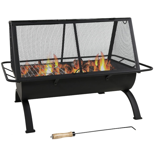 Black Steel Wood Burning Fire Pit, Sunnydaze Foldable Fire Pit Cooking Grill Grate