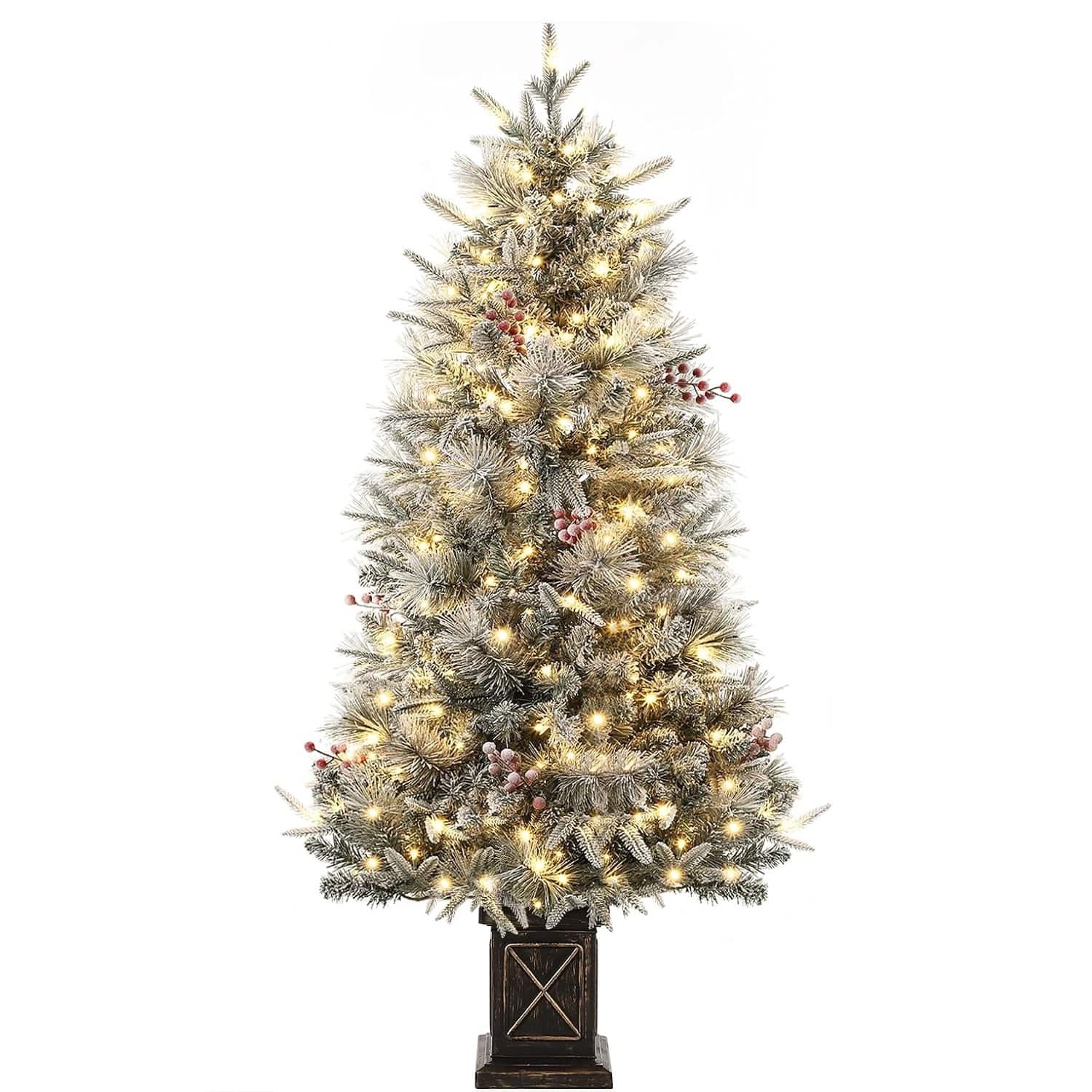 IdealHouse 4.5ft Christmas Tree and 200 Warm White LED light LED lights Pre Lit Snow Flocked Christmas Tree and X Shape Potted Base 8 Lighting Modes Fake Xmas Tree and Red Berries ideal for Home Entrances
