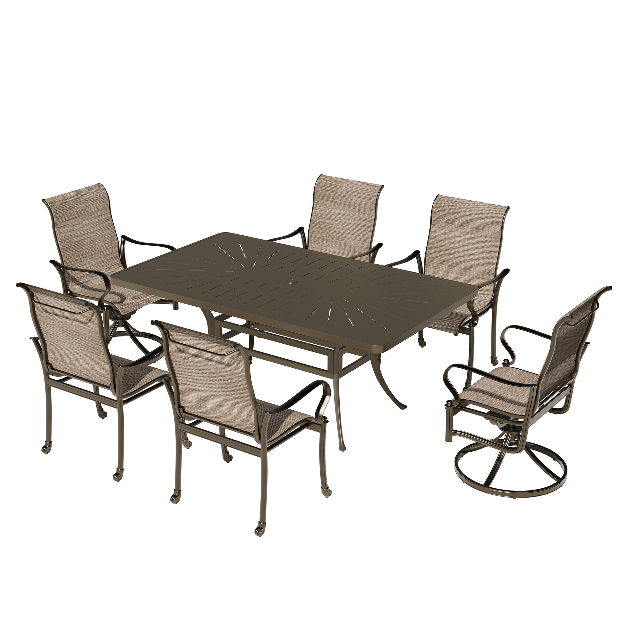 Mondawe MO-ODRDHMCB 7 -Piece Brown Patio Dining Set Aluminum Rectangle Table with 6 Tan Stationary and Motion Chairs
