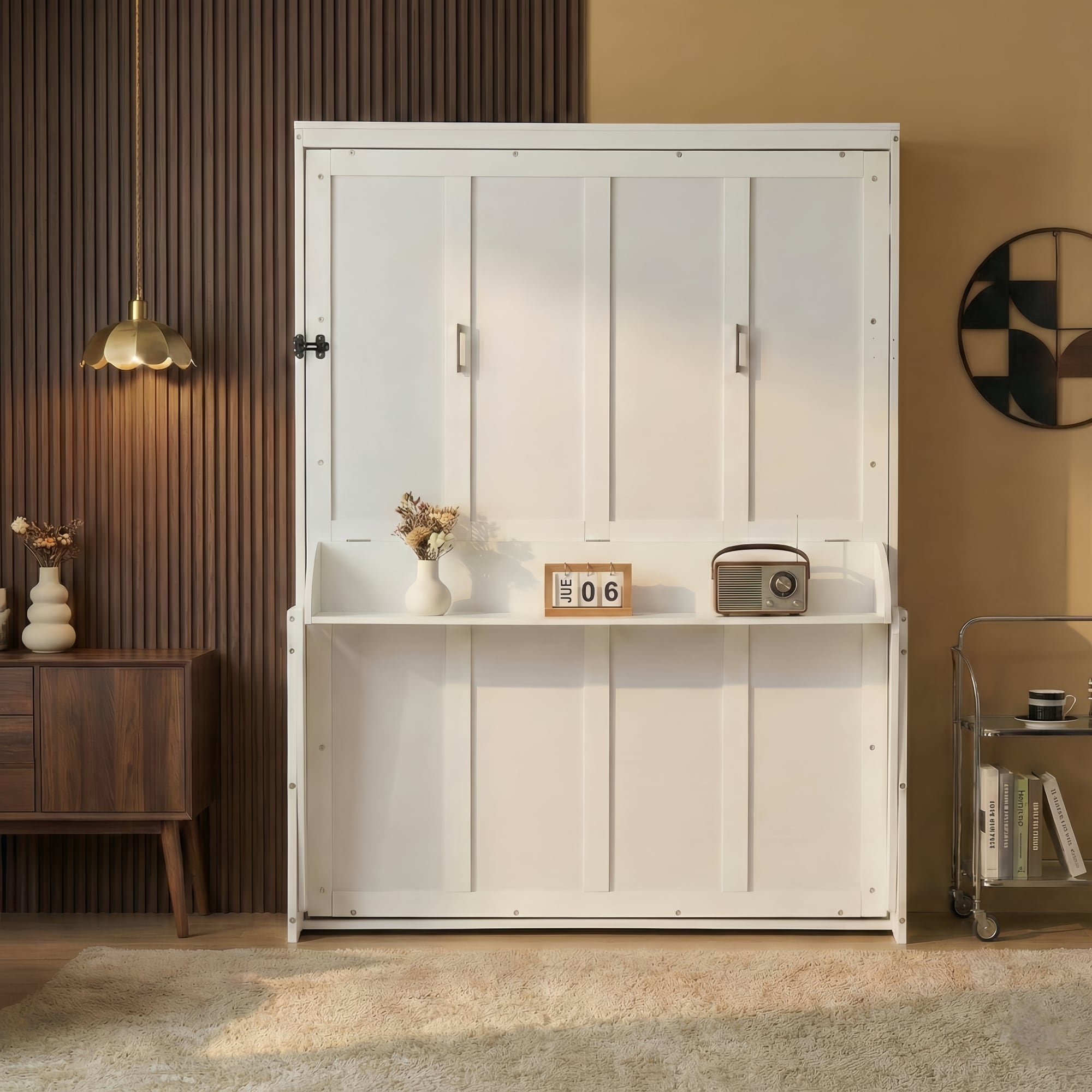 LUXEYARD Queen Size Vertical Murphy Bed with Desk Space Saving Wall Bed Cabinet White