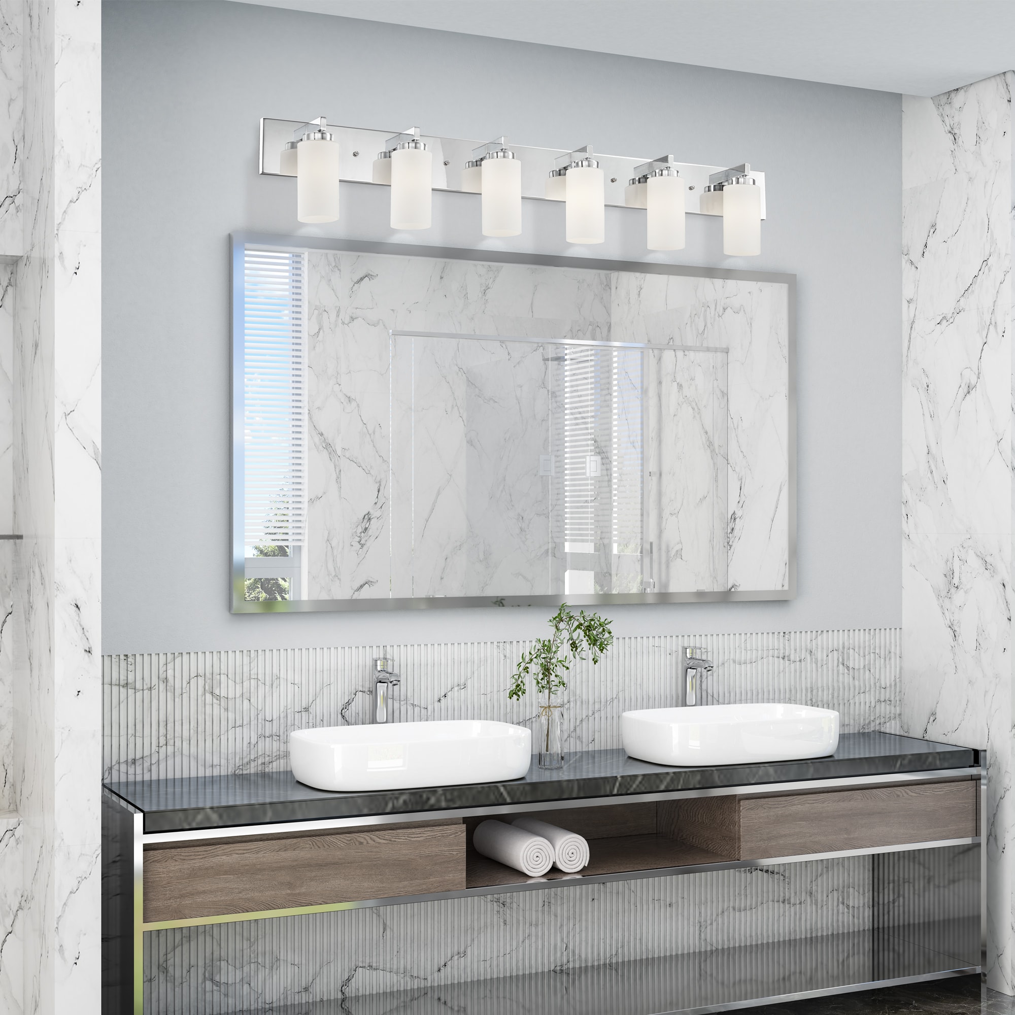 Polished Chrome 6-Light Vanity with Satin Opal Glass
