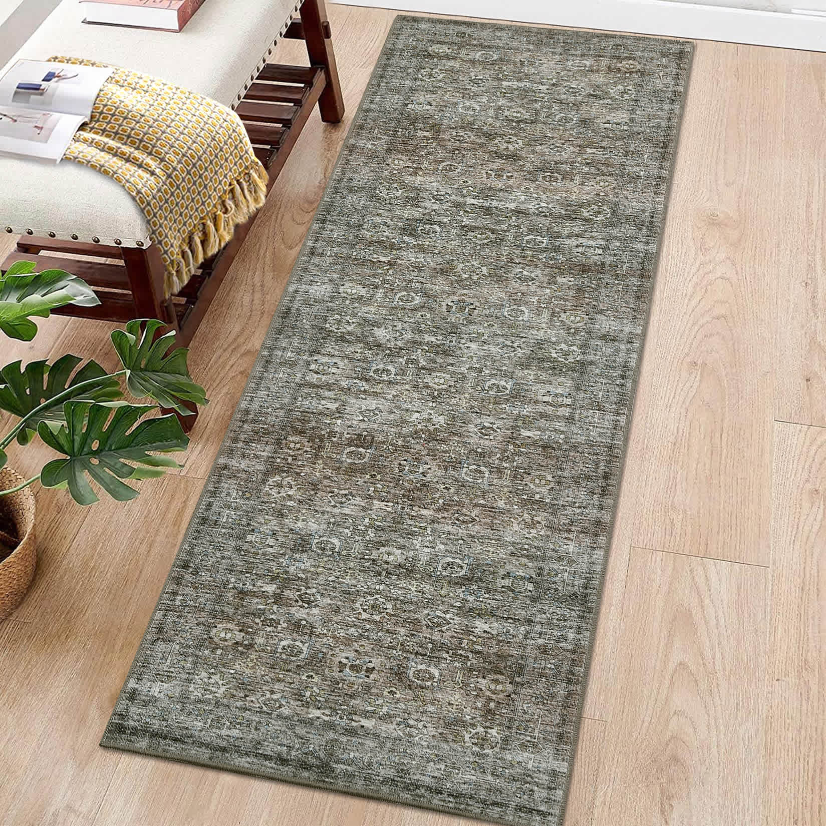 Qeetex LSN-PHO-162TTWOK 2 x 6 ft Polyester Green Rectangular Hallway Bathroom Entryway Kitchen Office Foldable Flower Printed Modern Washable Area Rug
