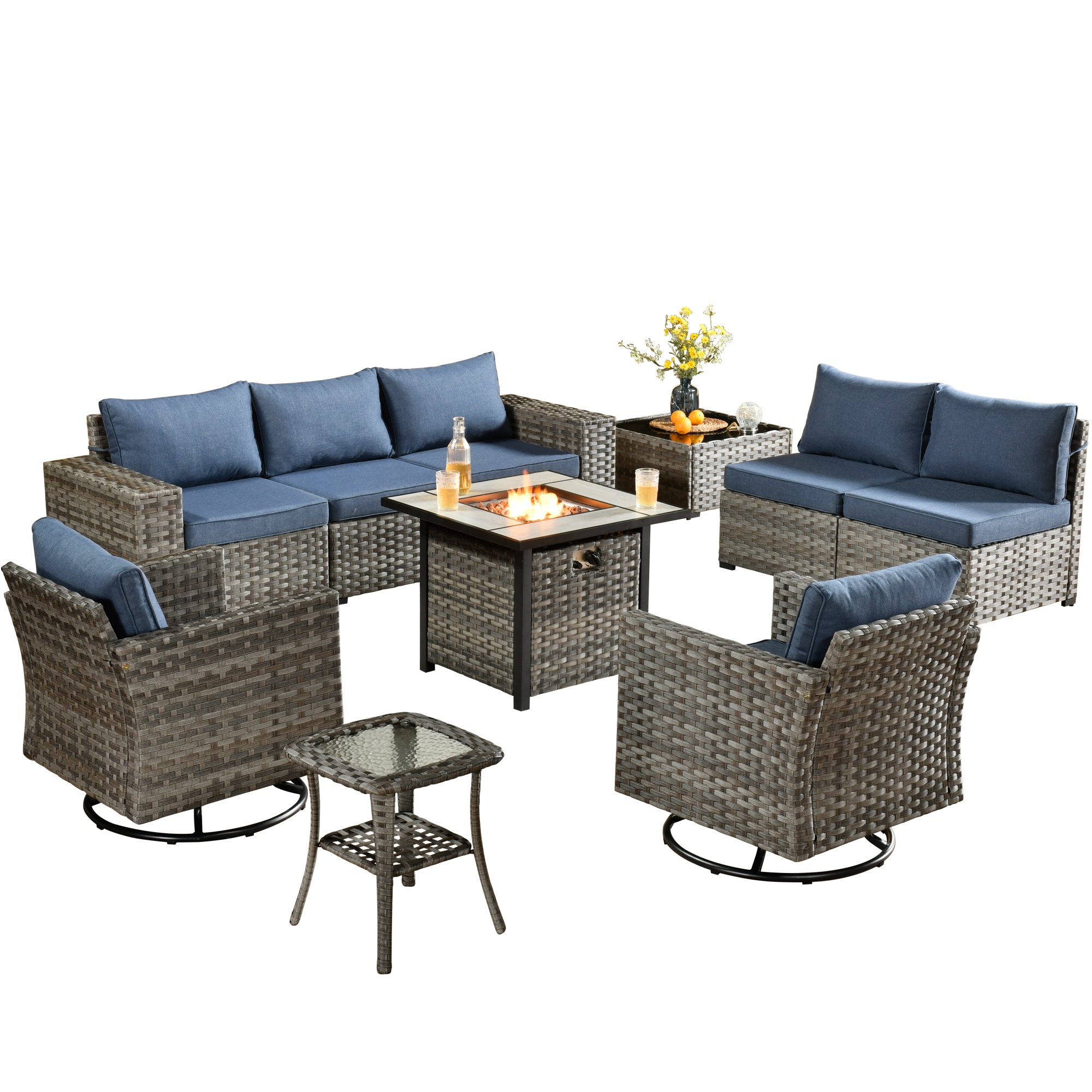 Pouuin SFPGNTC6042R 5 Piece Patio Conversation Set with Cushions with Fire Pit