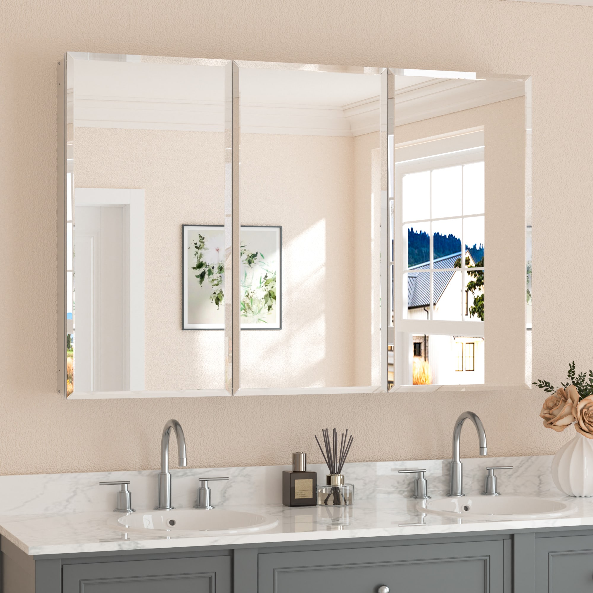 Keonjinn LW-JG-FJXP-12181-SI 48-in x 32-in Surface/Recessed Mount Sliver Mirrored Rectangle Soft Close Medicine Cabinet