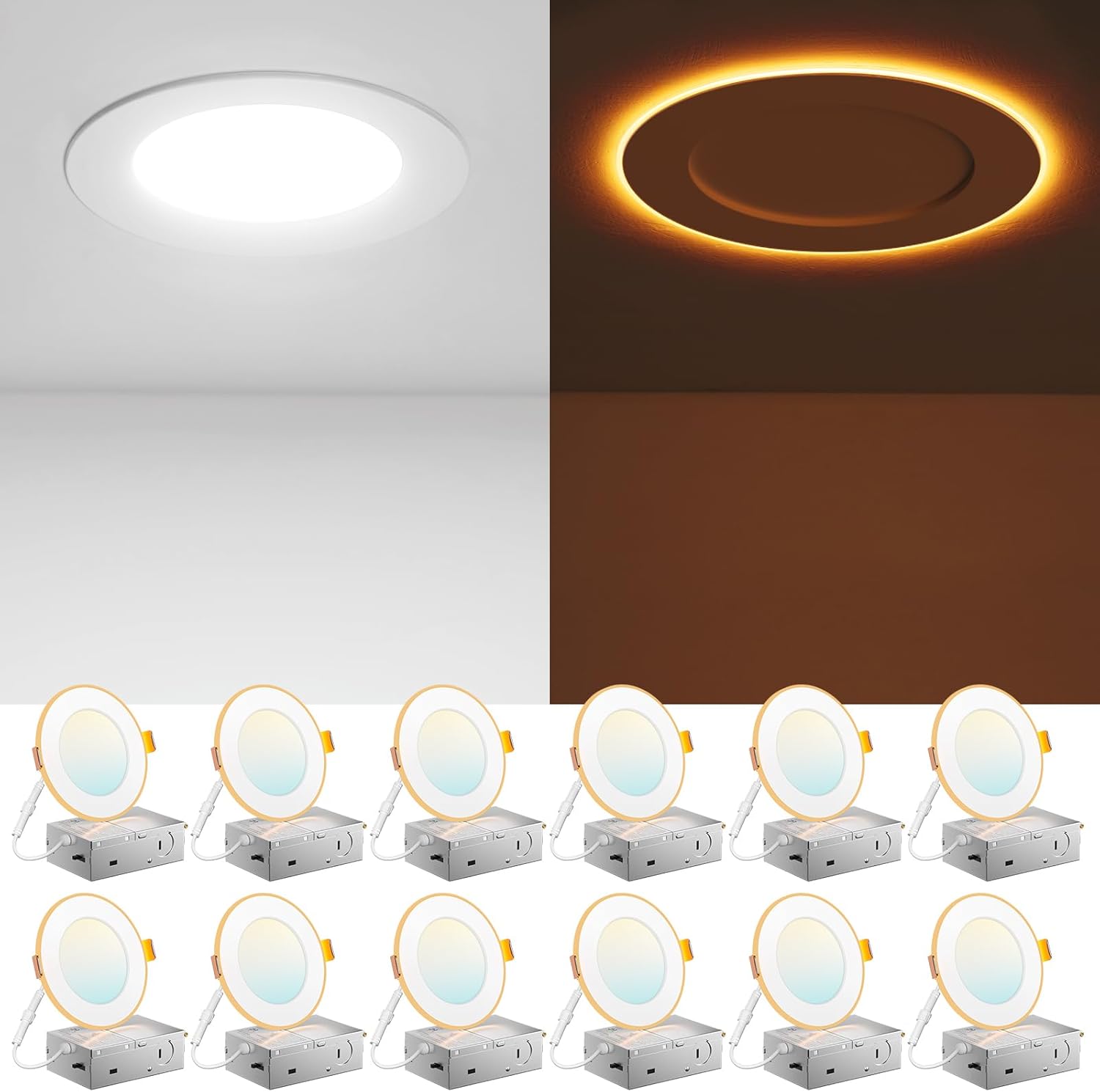 Amico  4 in 12 Pack Ultra Thin LED Recessed Ceiling Light with Night Light 5CCT Selectable Dimmable Canless Wafer Downlight IC Rated