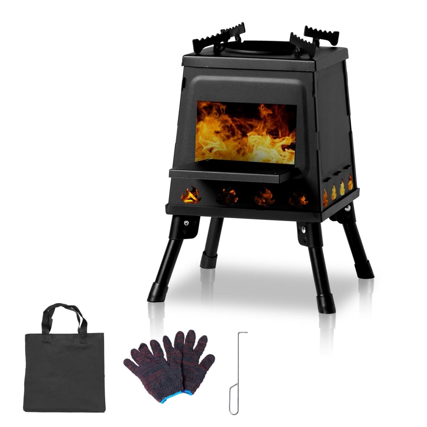 Angel Sar - 27x27x34cm 4-Panel Black Portable Camping Stove Foldable Outdoor Wood Burning Fire Pit