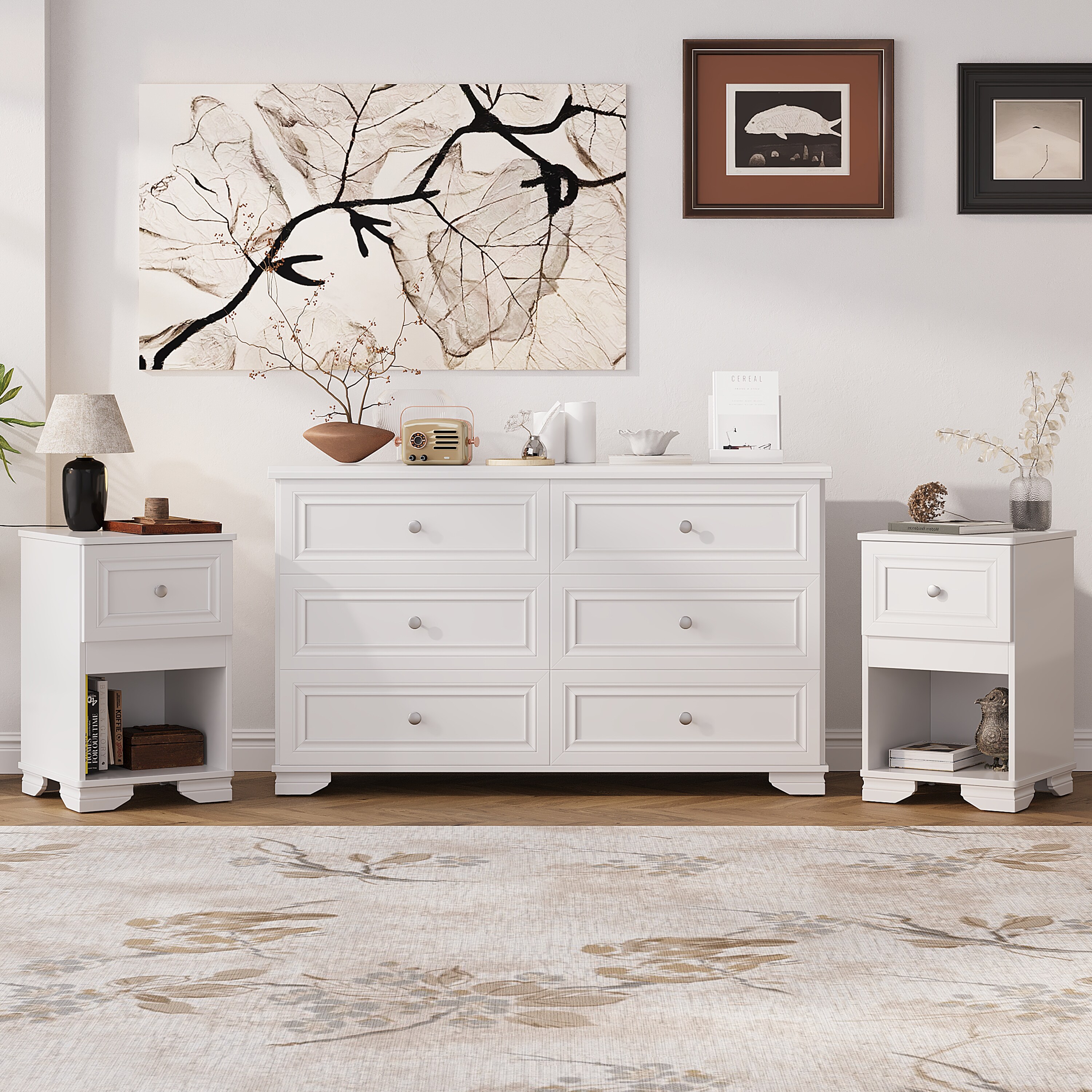 LOVMOR SF-R-N733S199705K 3-Pieces Bedroom Set 6-Drawer Dresser and Two Nightstands with Metal Handles Elegant Design and Retro StyleWhite